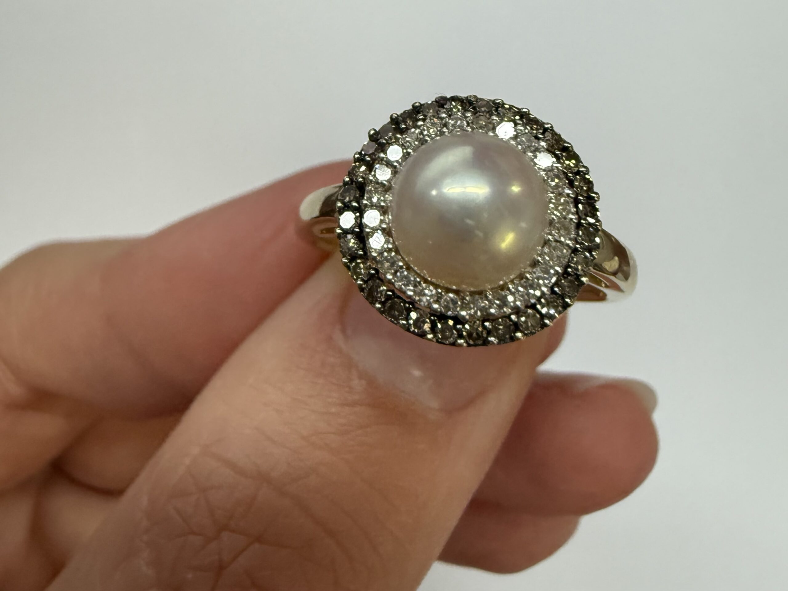 14k Yellow Gold 7 MM Cultured Pearl & Diamond Cluster Ring - Image 3