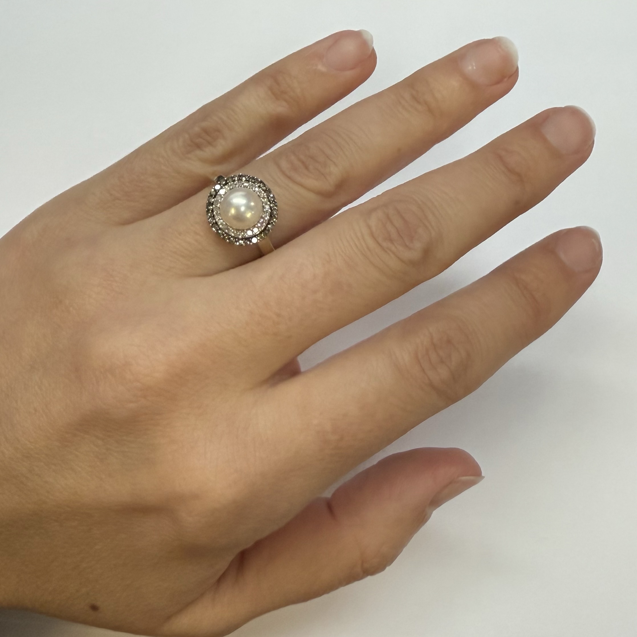 14k Yellow Gold 7 MM Cultured Pearl & Diamond Cluster Ring - Image 7