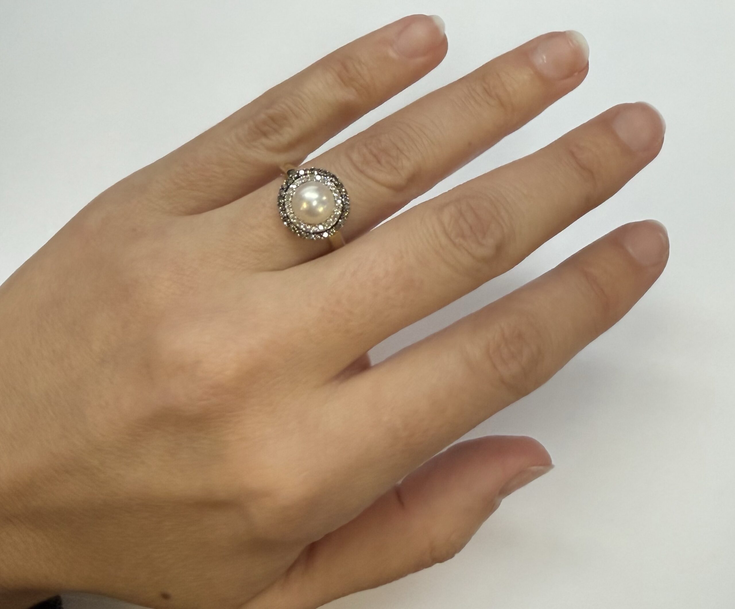 14k Yellow Gold 7 MM Cultured Pearl & Diamond Cluster Ring - Image 8