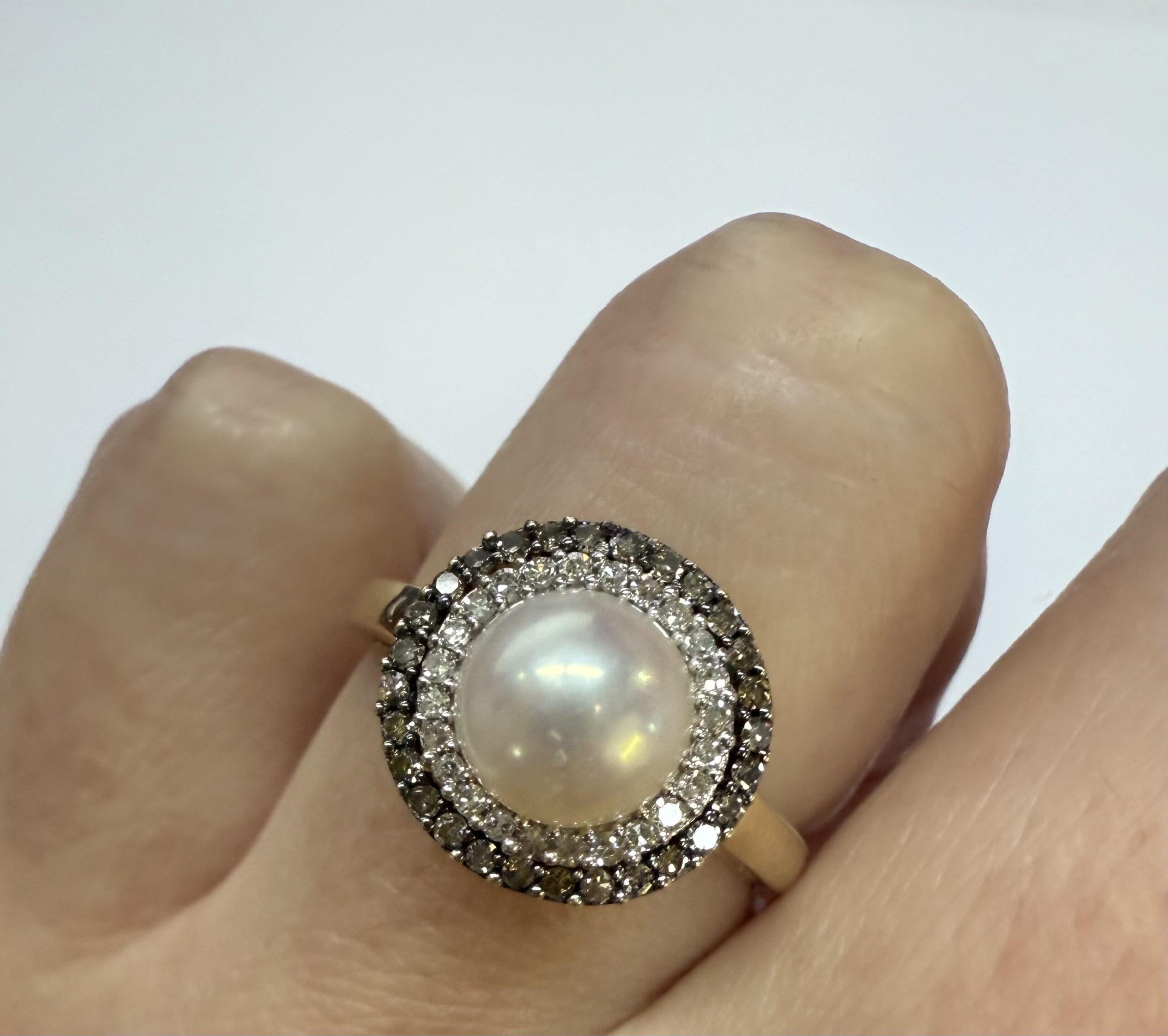 14k Yellow Gold 7 MM Cultured Pearl & Diamond Cluster Ring - Image 12