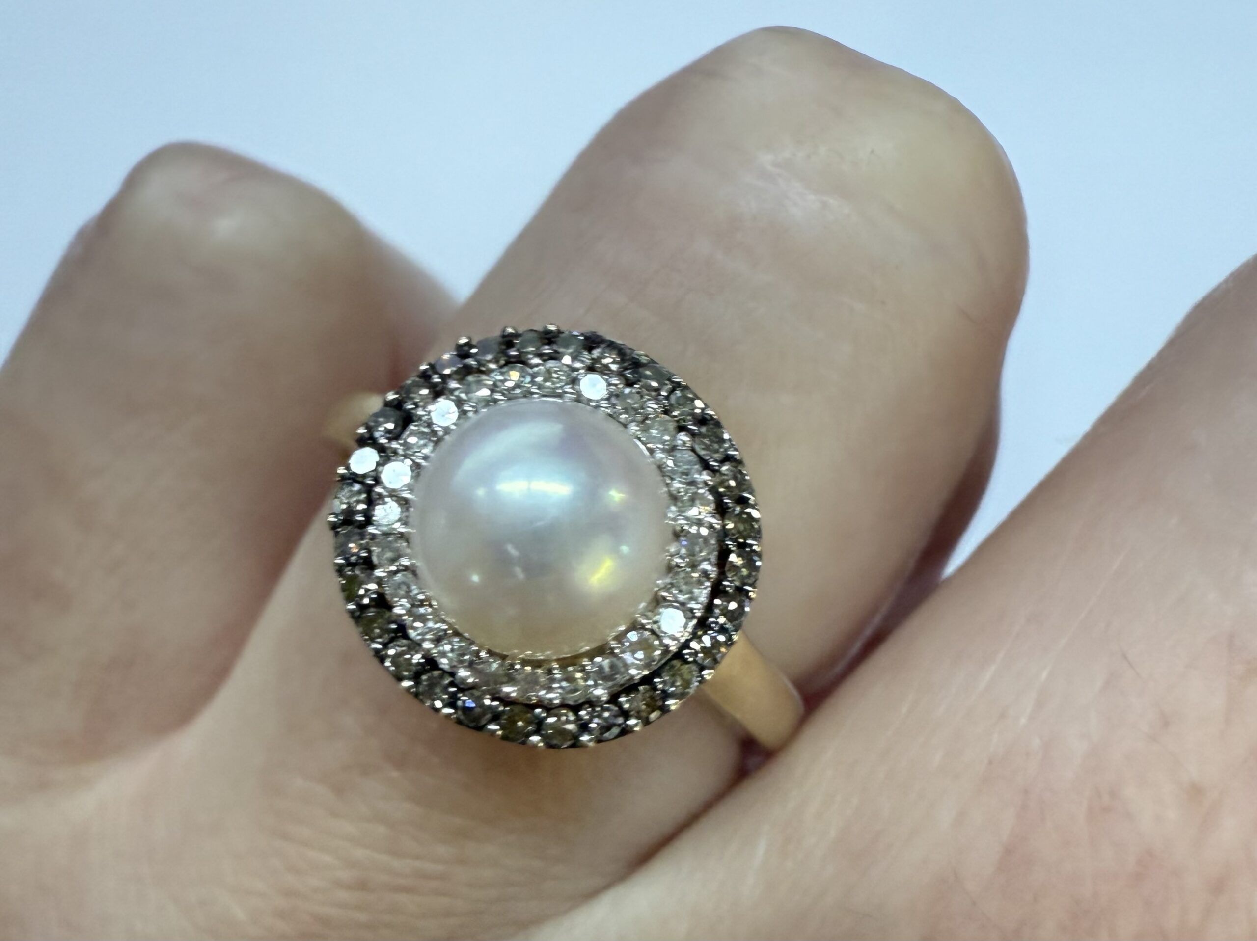 14k Yellow Gold 7 MM Cultured Pearl & Diamond Cluster Ring - Image 15