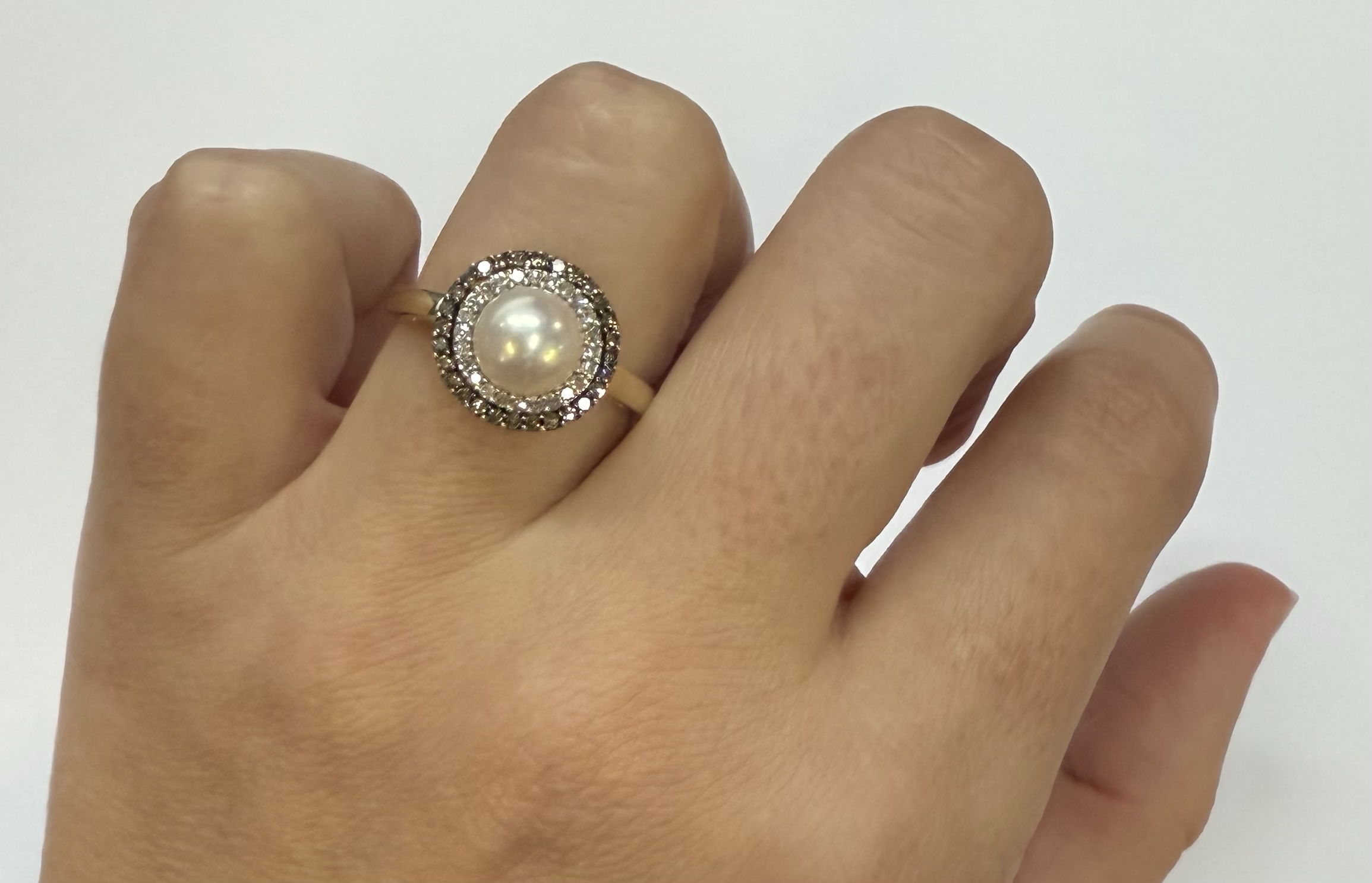 14k Yellow Gold 7 MM Cultured Pearl & Diamond Cluster Ring - Image 16