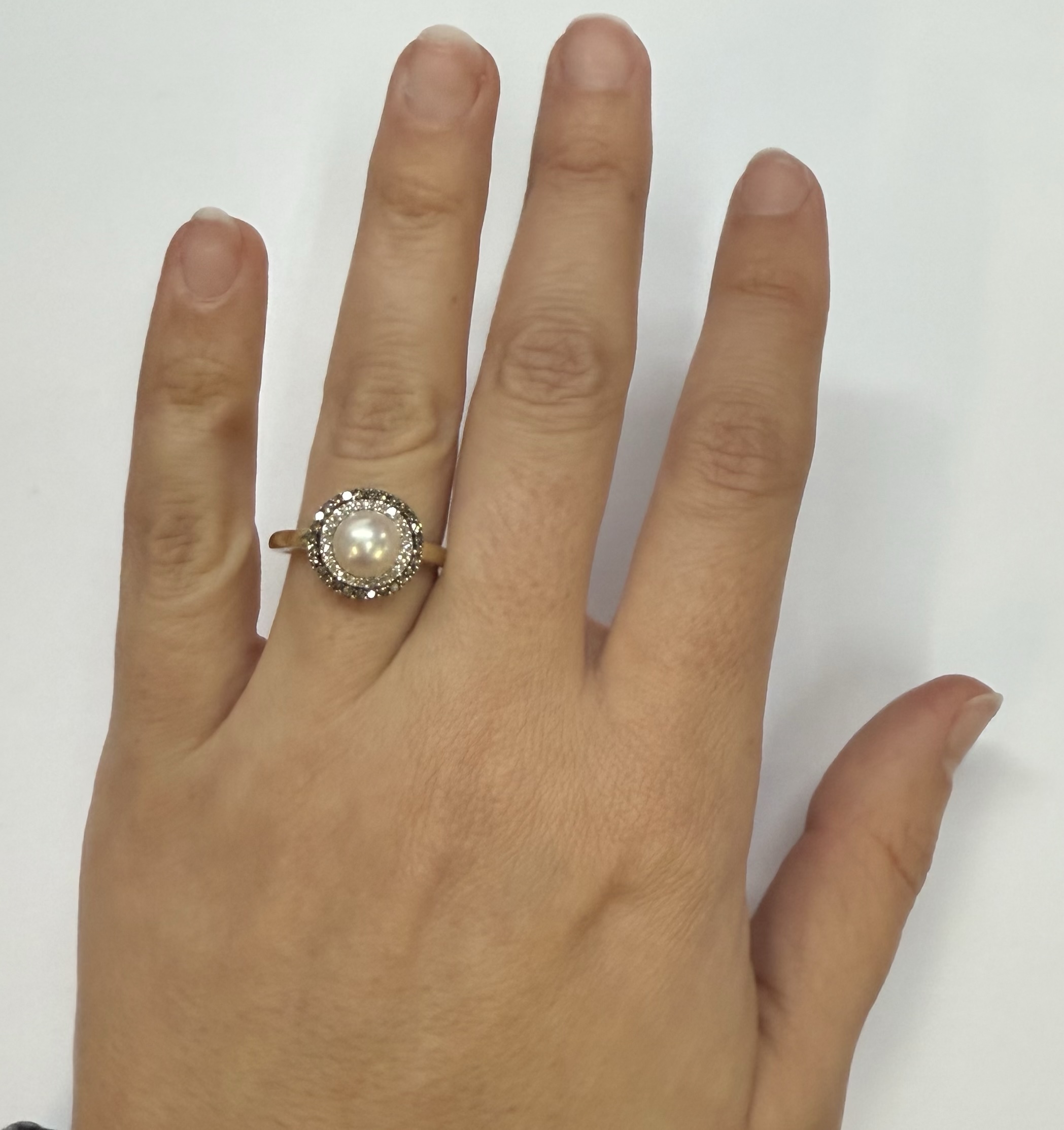 14k Yellow Gold 7 MM Cultured Pearl & Diamond Cluster Ring - Image 17