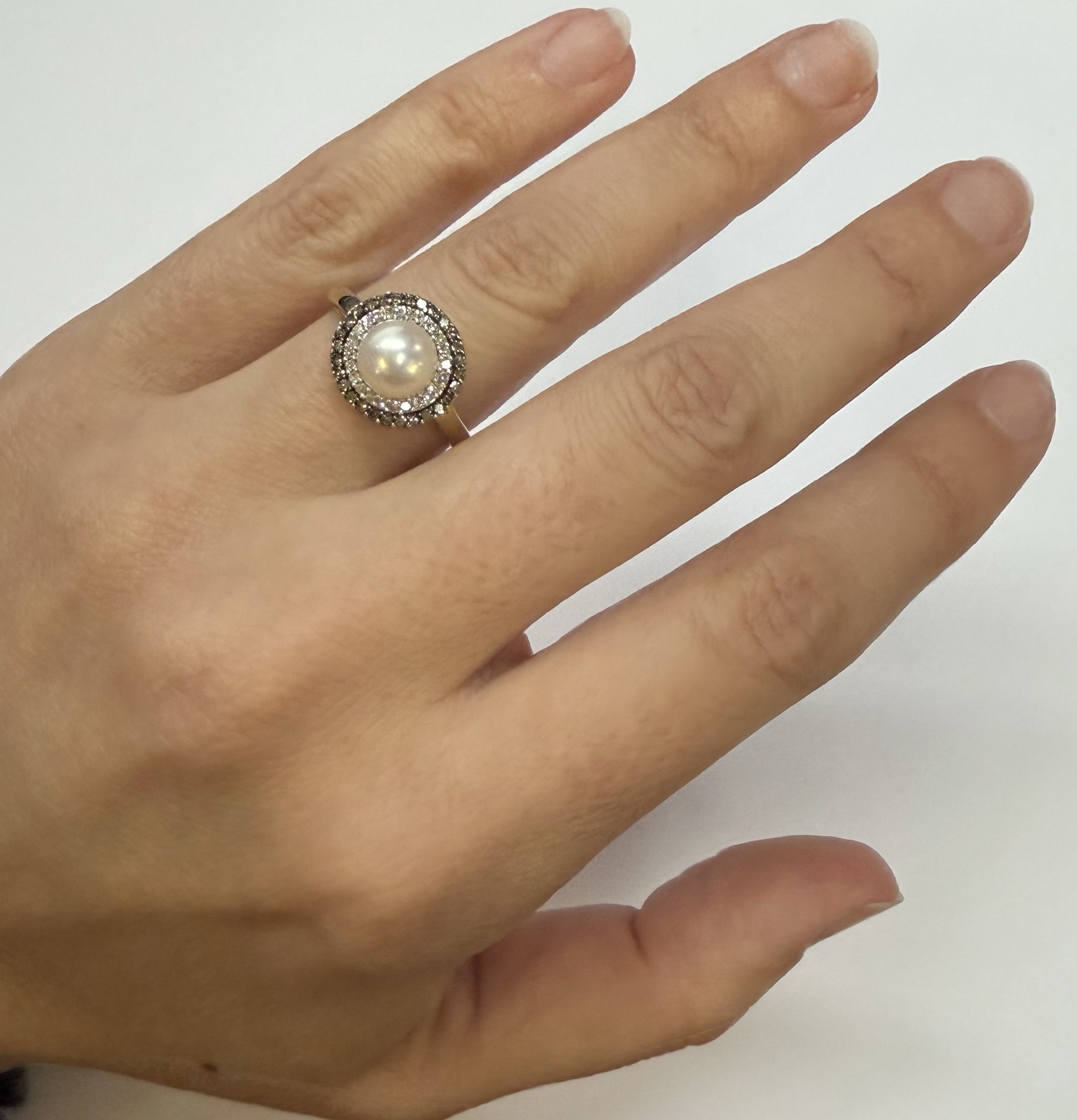 14k Yellow Gold 7 MM Cultured Pearl & Diamond Cluster Ring - Image 18