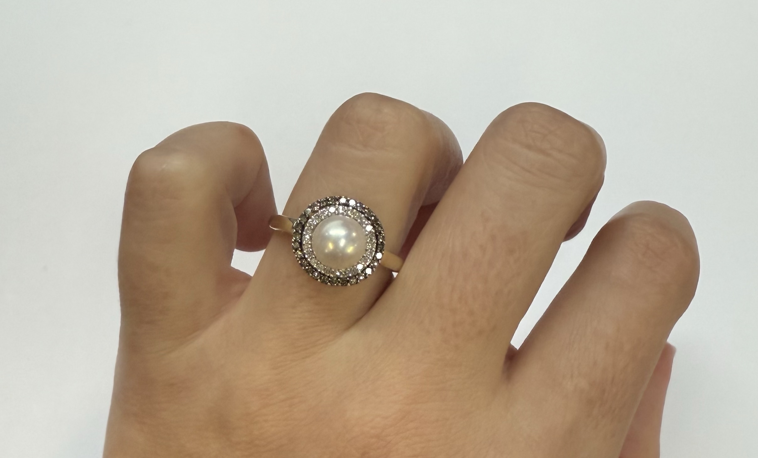 14k Yellow Gold 7 MM Cultured Pearl & Diamond Cluster Ring - Image 19