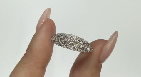 14k White Gold Vintage Inspired 7 Stone Bezel Graudated Round Brilliant Cut Diamond Band