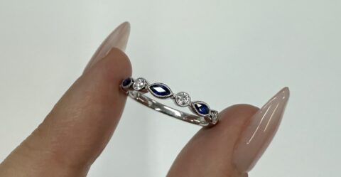 14k White Gold Genuine .36 Cttw Sapphire & Diamond Bezel Band With Mill Grain