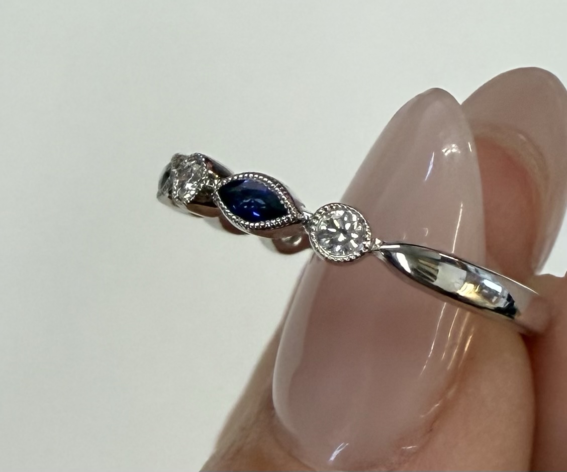 14k White Gold Genuine .36 Cttw Sapphire & Diamond Bezel Band With Mill Grain - Image 9