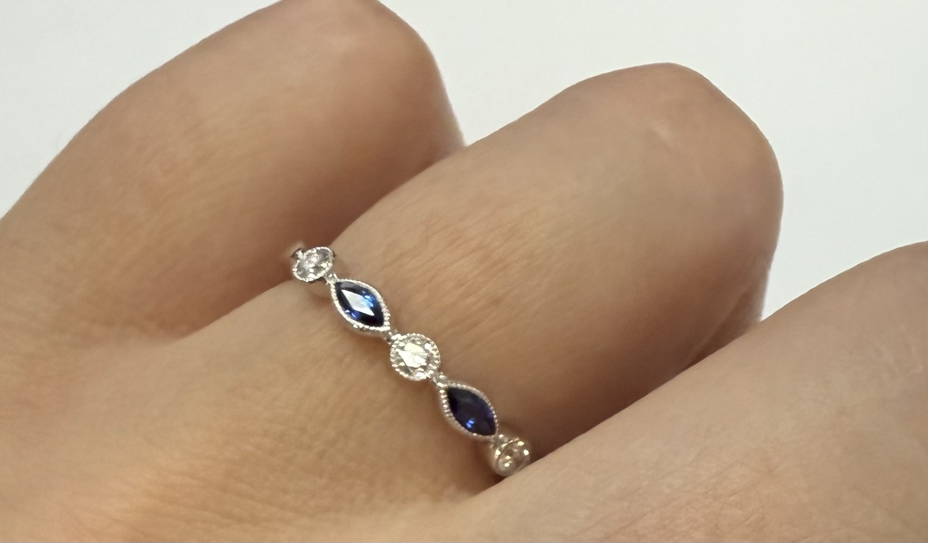 14k White Gold Genuine .36 Cttw Sapphire & Diamond Bezel Band With Mill Grain - Image 12