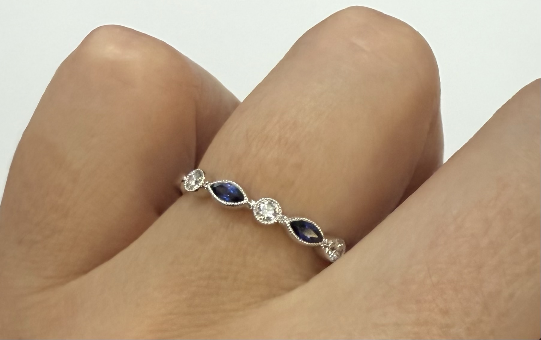 14k White Gold Genuine .36 Cttw Sapphire & Diamond Bezel Band With Mill Grain - Image 15