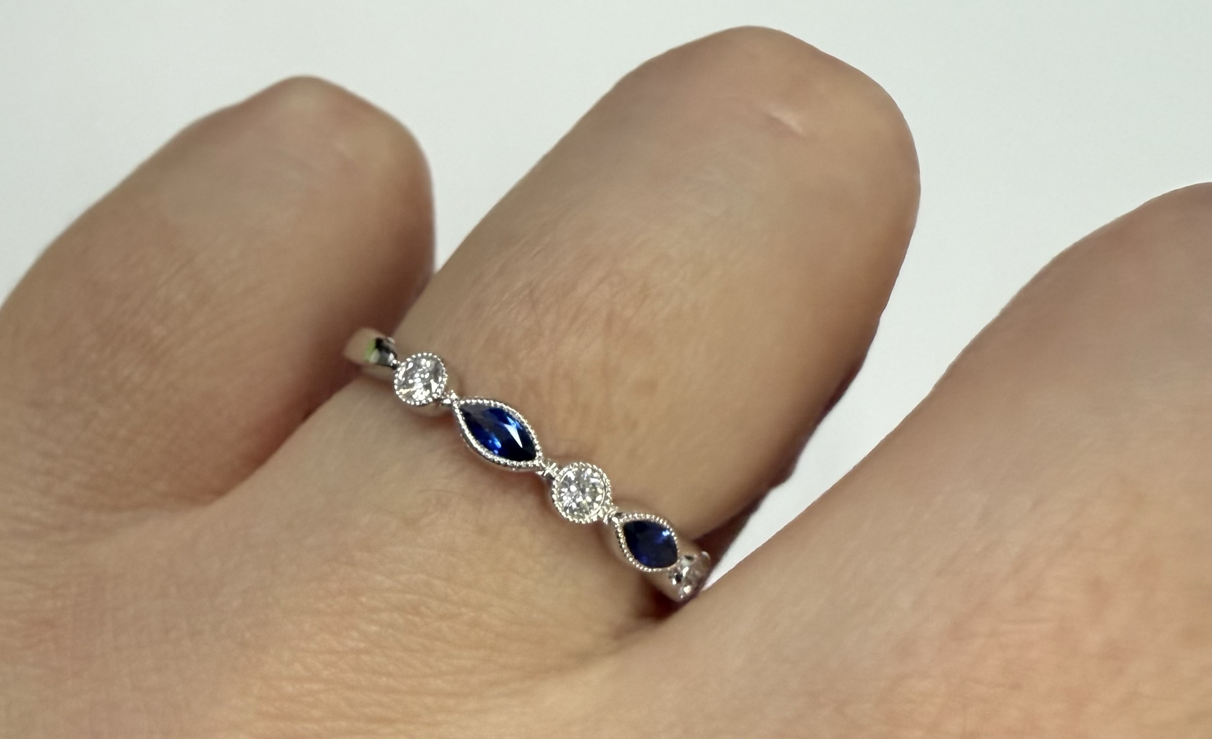 14k White Gold Genuine .36 Cttw Sapphire & Diamond Bezel Band With Mill Grain - Image 20