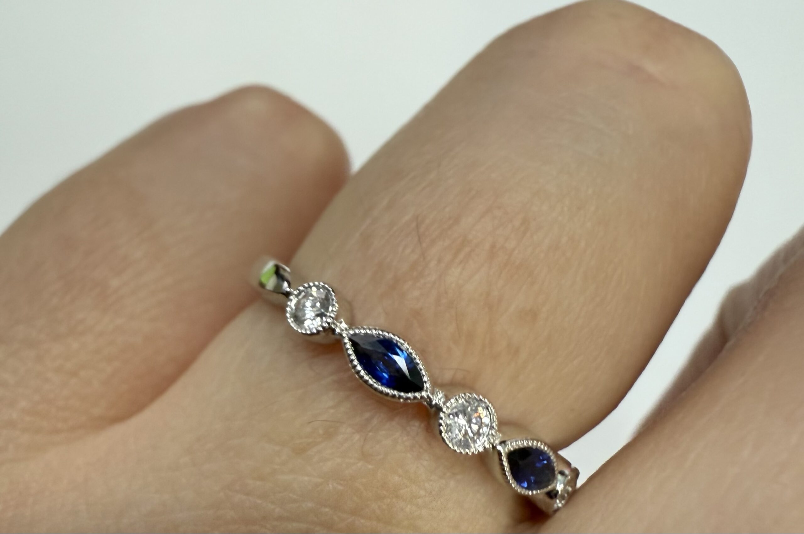 14k White Gold Genuine .36 Cttw Sapphire & Diamond Bezel Band With Mill Grain - Image 23