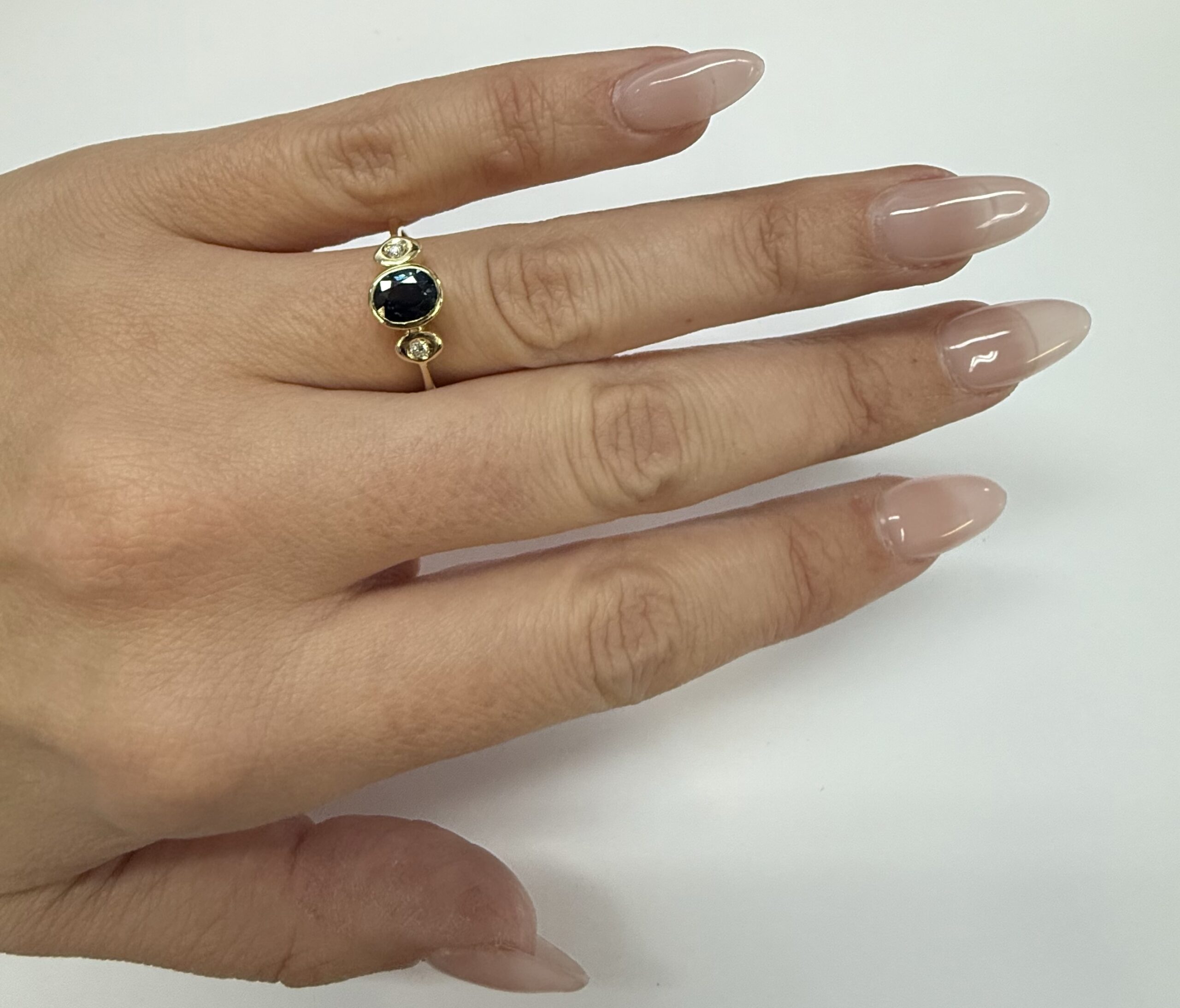 Vintage 18k Yellow Gold Bezel Set Sapphire & Diamond Ring - Image 16