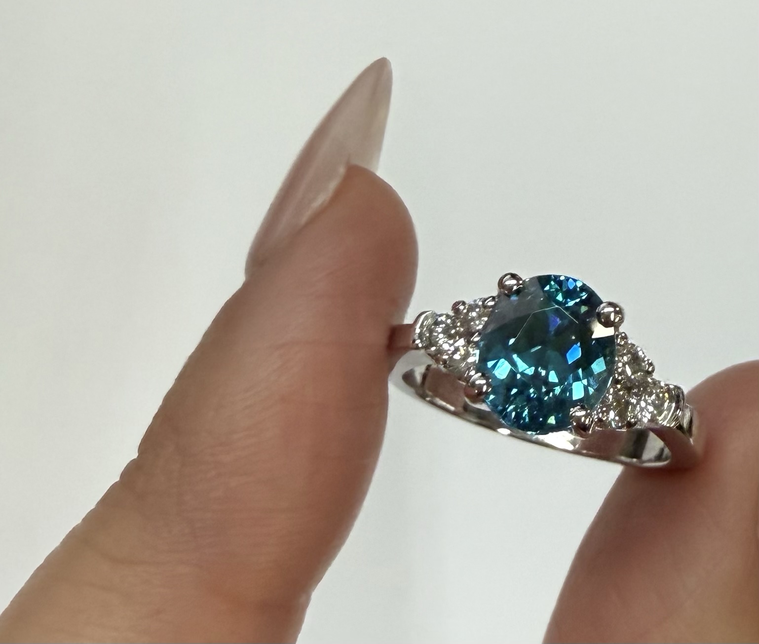 14k White Gold 3.03 Carat Genuine Blue Zircon & Diamond Ring