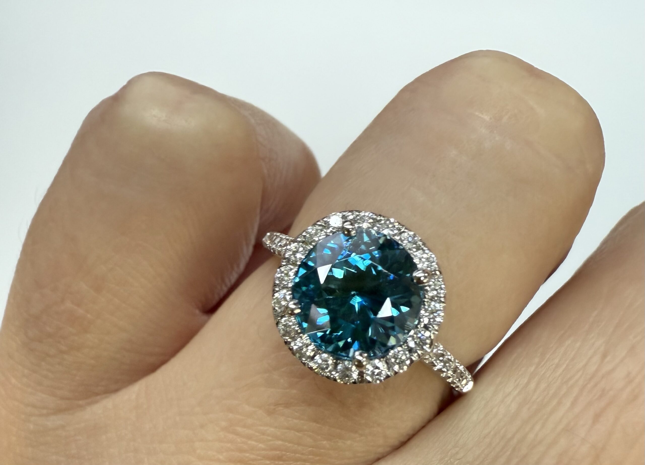 14k White Gold Genuine 3.13 Cttw Round Genuine Blue Zircon Halo Ring - Image 5