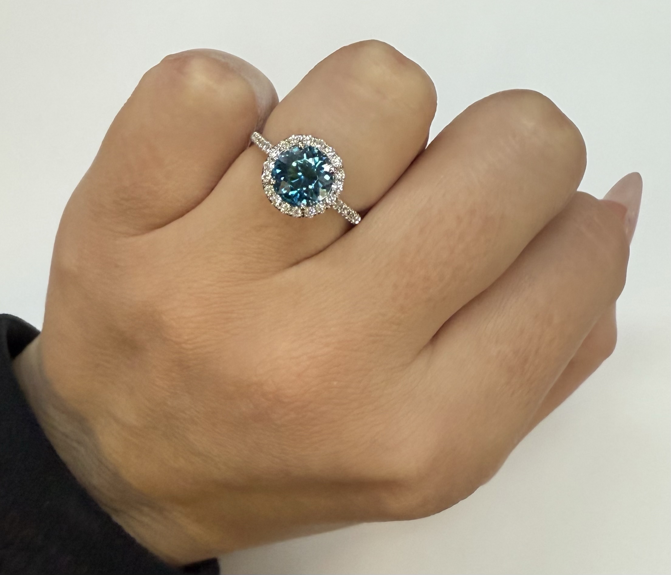 14k White Gold Genuine 3.13 Cttw Round Genuine Blue Zircon Halo Ring - Image 14