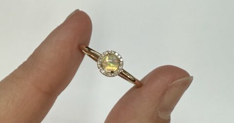 14k Yellow Gold Genuine .14 Cttw Opal & Genuine .05 Cttw Diamond Halo Ring