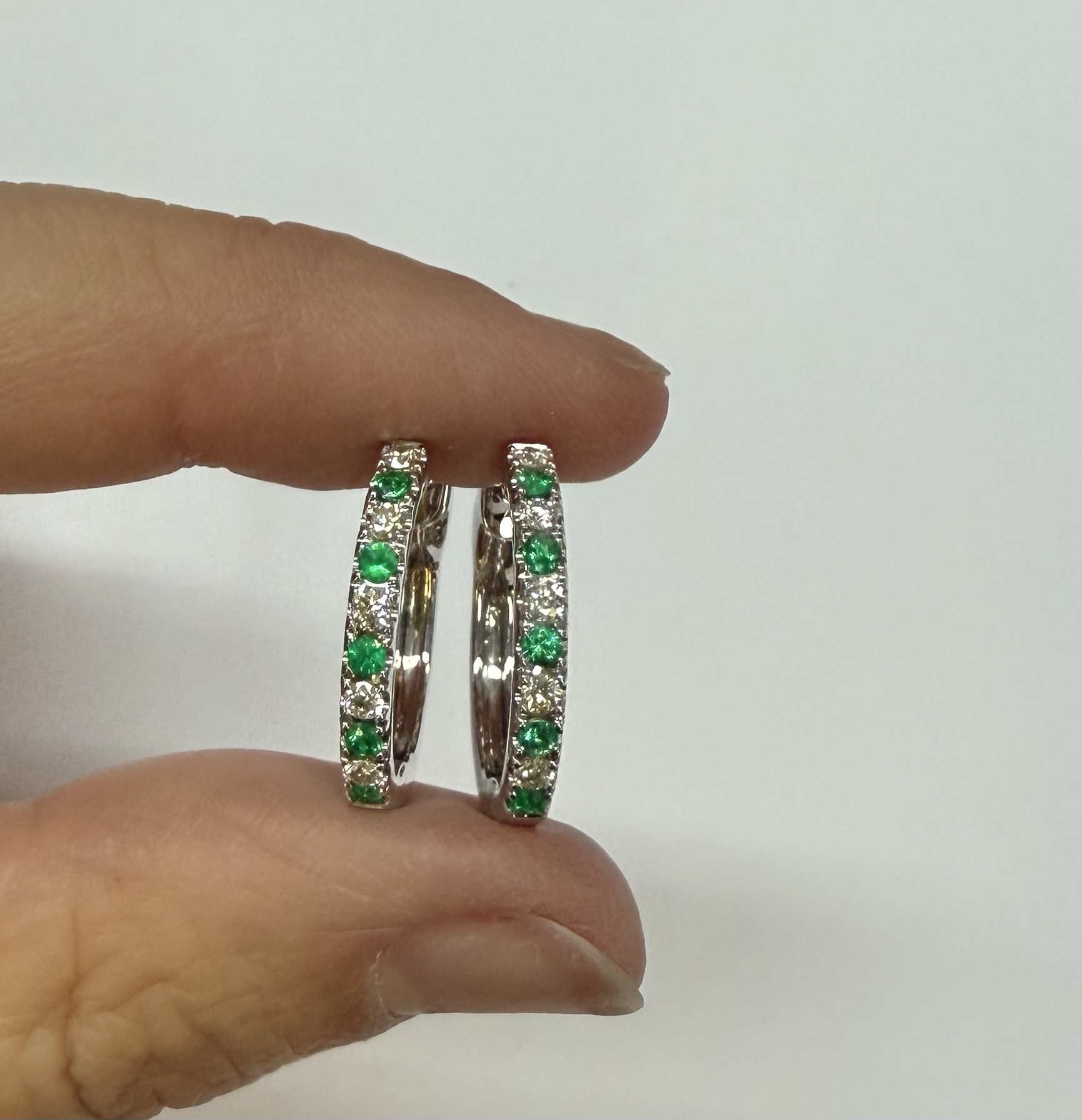 14k White Gold Genuine .35 Cttw Emerald & .25 Cttw Round Brilliant Cut Diamond Hoop Earrings - Image 32
