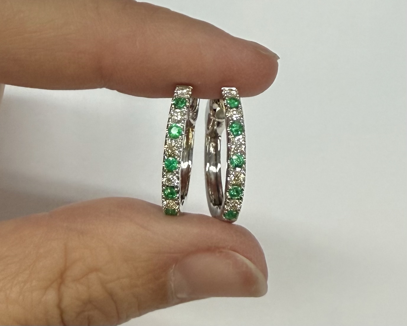 14k White Gold Genuine .35 Cttw Emerald & .25 Cttw Round Brilliant Cut Diamond Hoop Earrings - Image 26