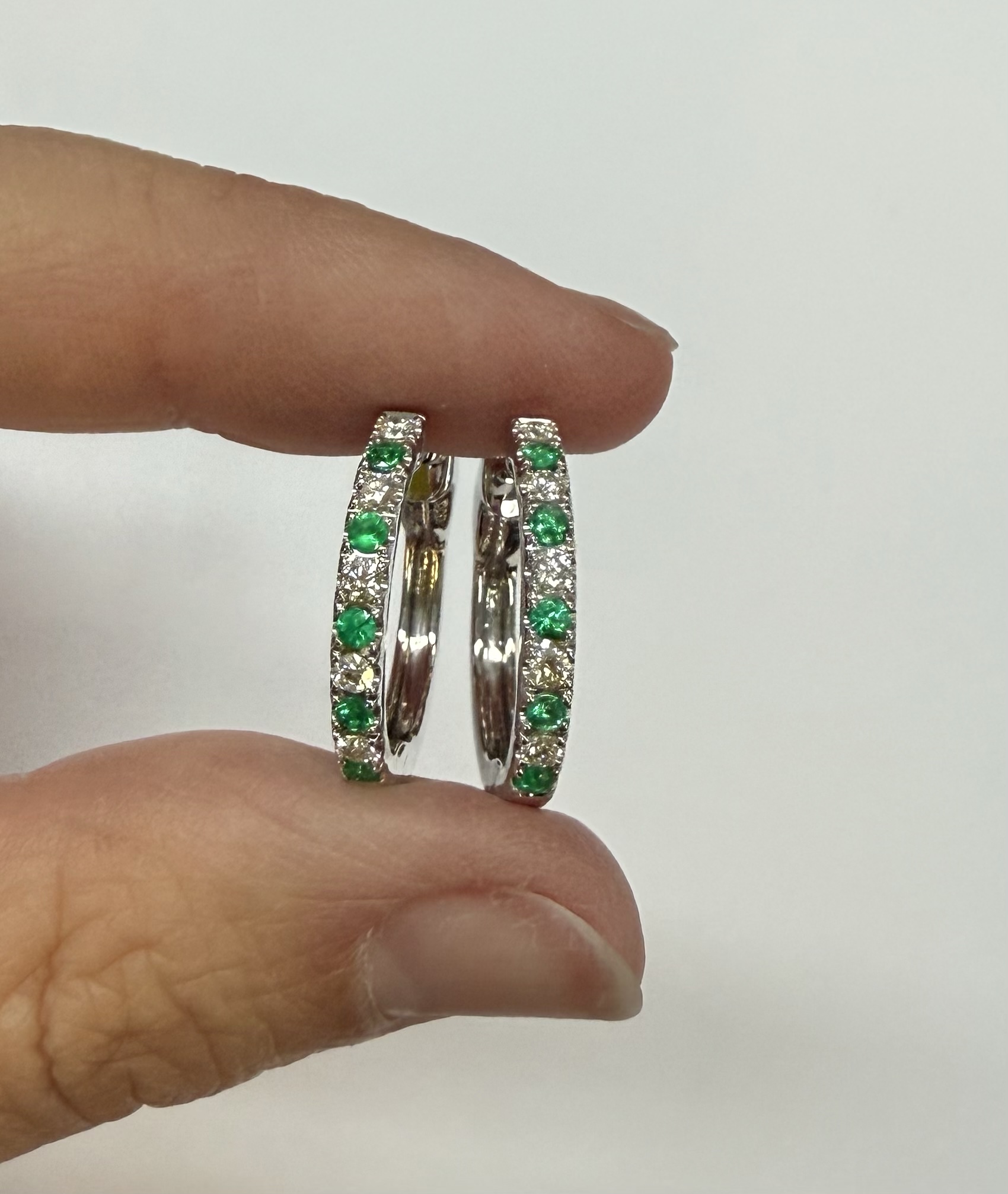 14k White Gold Genuine .35 Cttw Emerald & .25 Cttw Round Brilliant Cut Diamond Hoop Earrings - Image 25