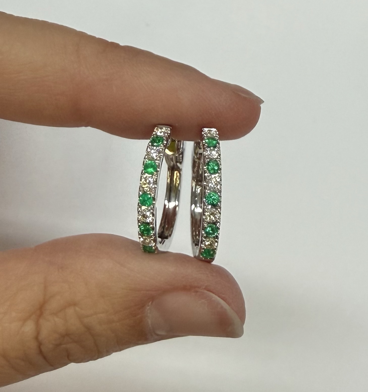 14k White Gold Genuine .35 Cttw Emerald & .25 Cttw Round Brilliant Cut Diamond Hoop Earrings - Image 23