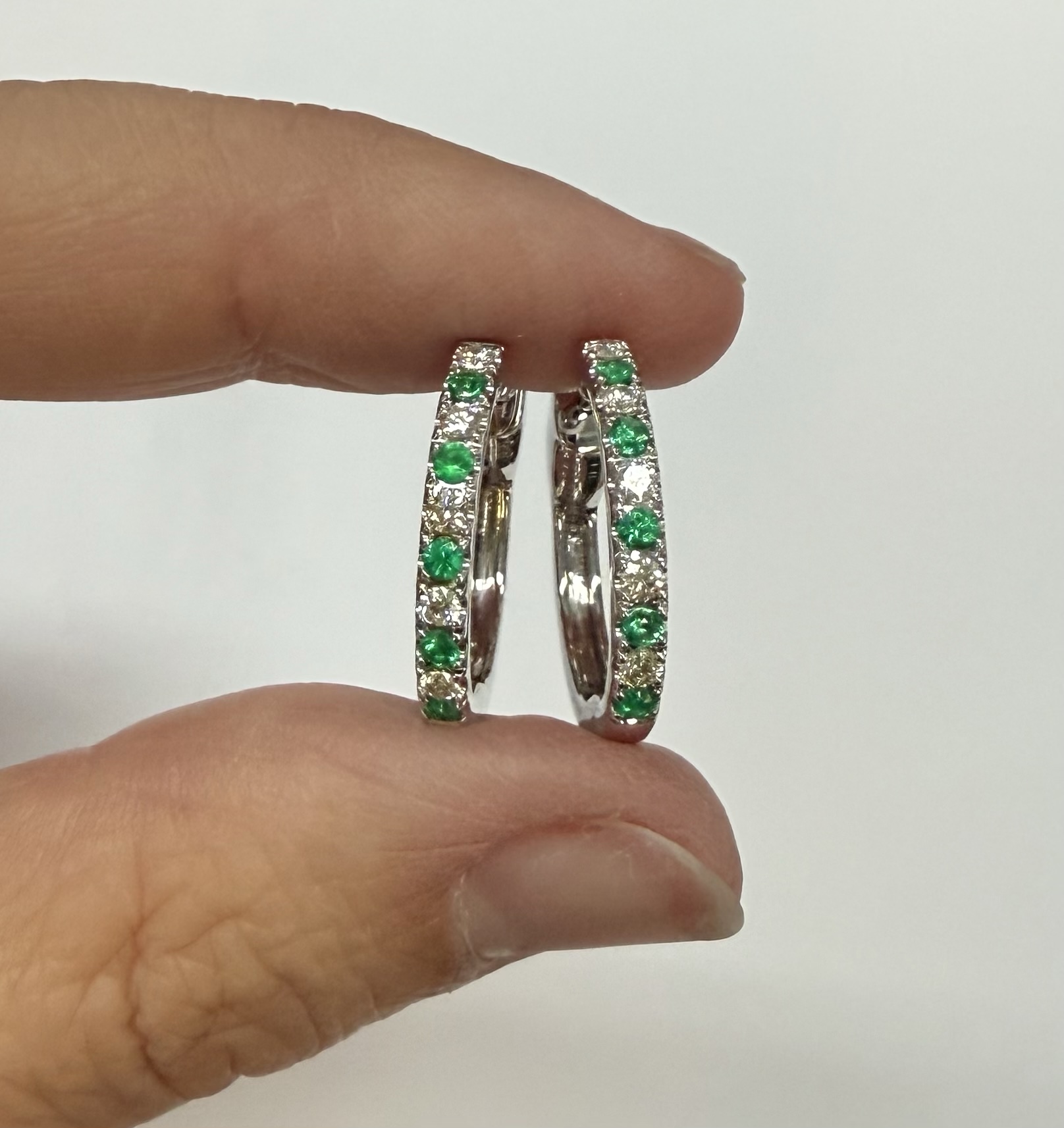 14k White Gold Genuine .35 Cttw Emerald & .25 Cttw Round Brilliant Cut Diamond Hoop Earrings - Image 21
