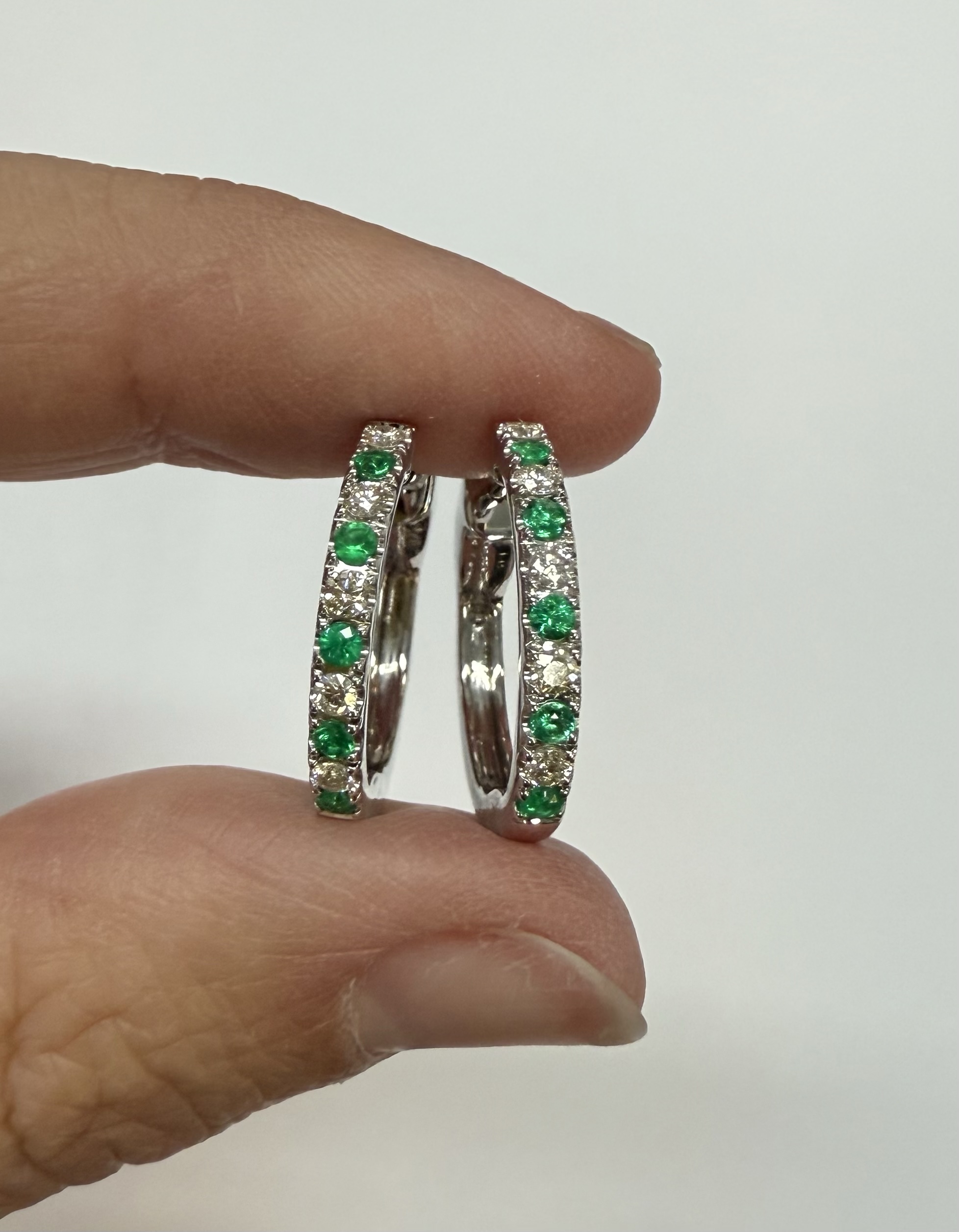 14k White Gold Genuine .35 Cttw Emerald & .25 Cttw Round Brilliant Cut Diamond Hoop Earrings - Image 18