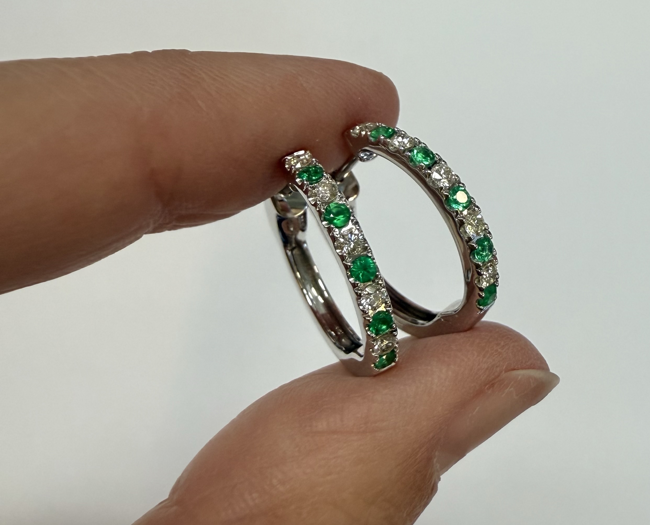 14k White Gold Genuine .35 Cttw Emerald & .25 Cttw Round Brilliant Cut Diamond Hoop Earrings - Image 16