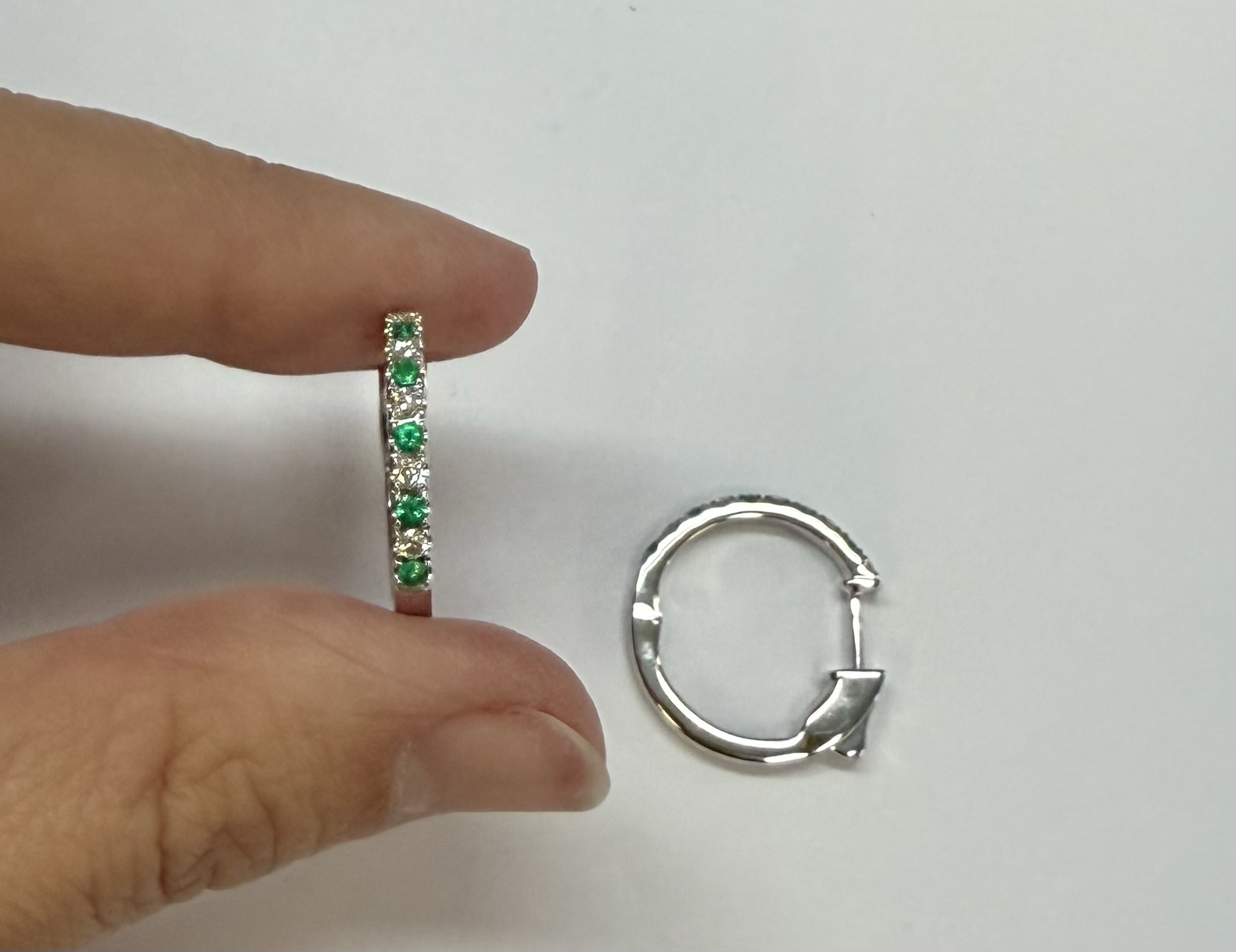 14k White Gold Genuine .35 Cttw Emerald & .25 Cttw Round Brilliant Cut Diamond Hoop Earrings - Image 14