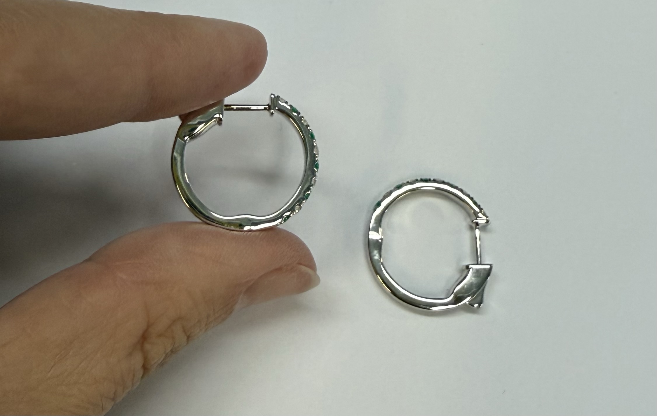 14k White Gold Genuine .35 Cttw Emerald & .25 Cttw Round Brilliant Cut Diamond Hoop Earrings - Image 12