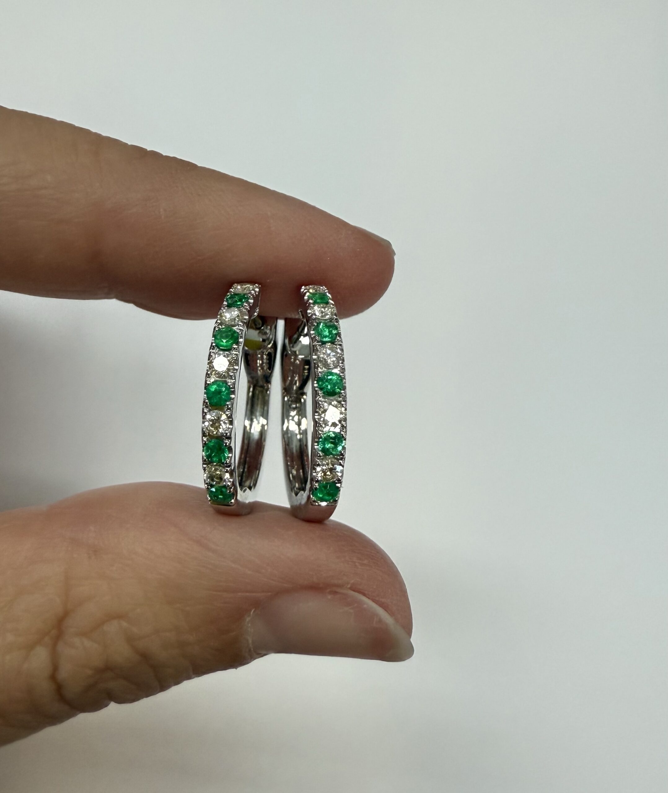 14k White Gold Genuine .35 Cttw Emerald & .25 Cttw Round Brilliant Cut Diamond Hoop Earrings - Image 8