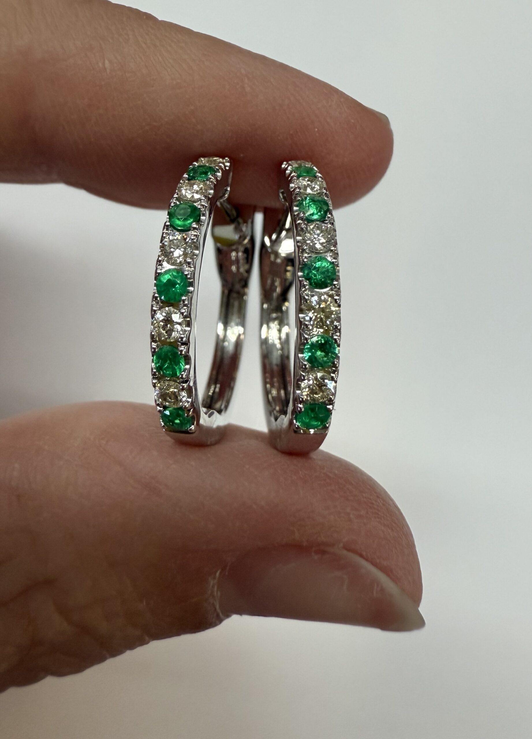 14k White Gold Genuine .35 Cttw Emerald & .25 Cttw Round Brilliant Cut Diamond Hoop Earrings - Image 7