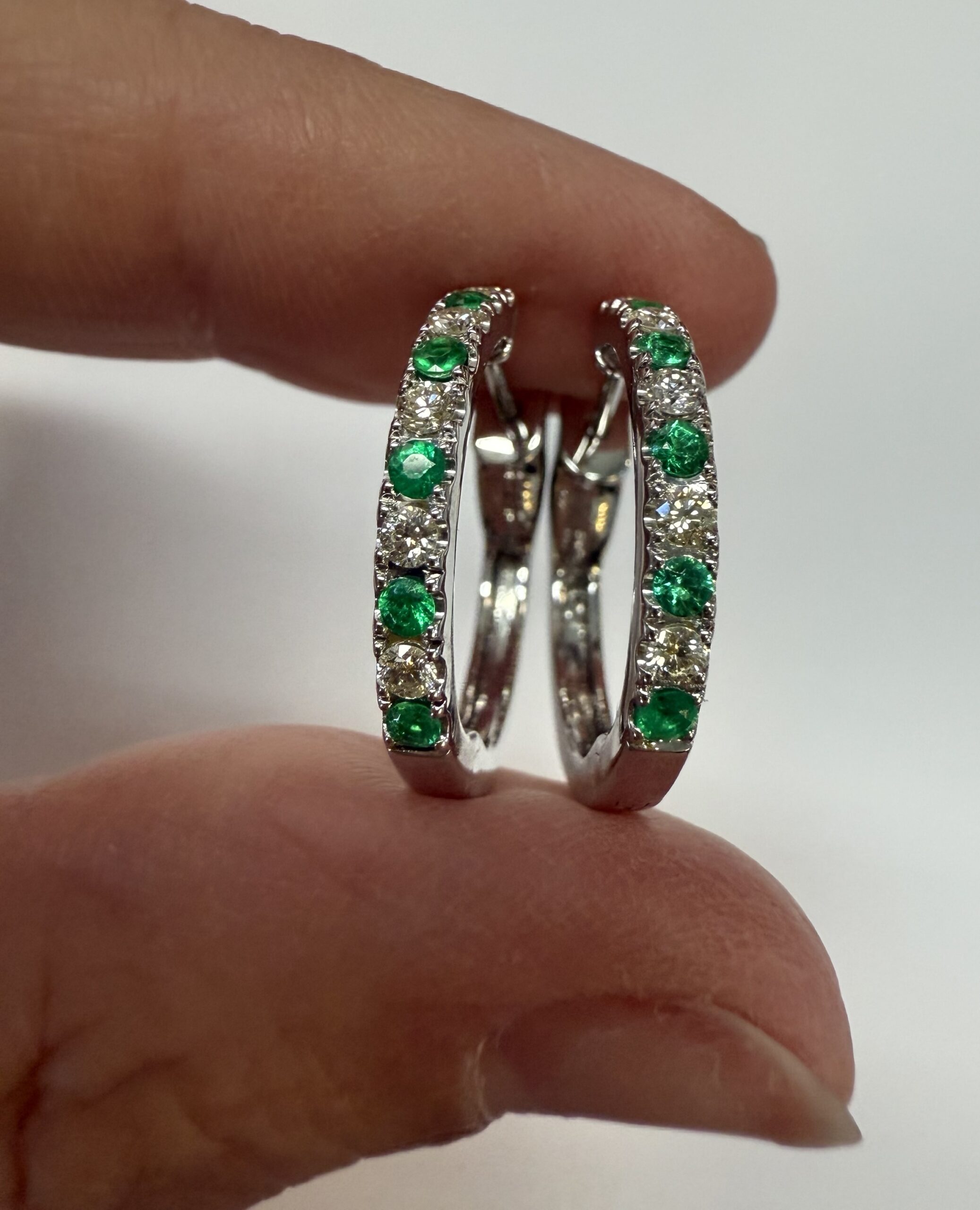 14k White Gold Genuine .35 Cttw Emerald & .25 Cttw Round Brilliant Cut Diamond Hoop Earrings - Image 6