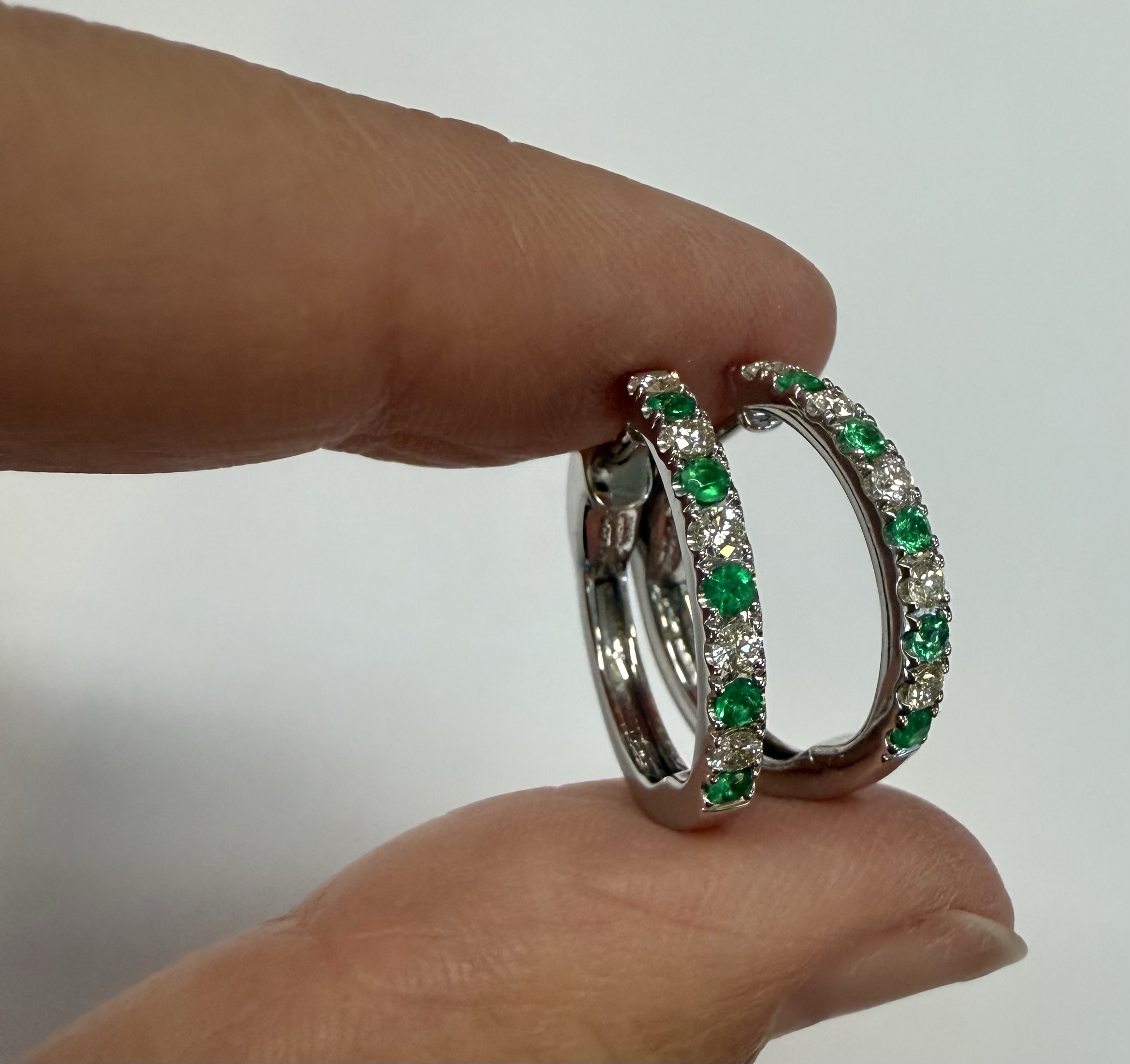 14k White Gold Genuine .35 Cttw Emerald & .25 Cttw Round Brilliant Cut Diamond Hoop Earrings - Image 4