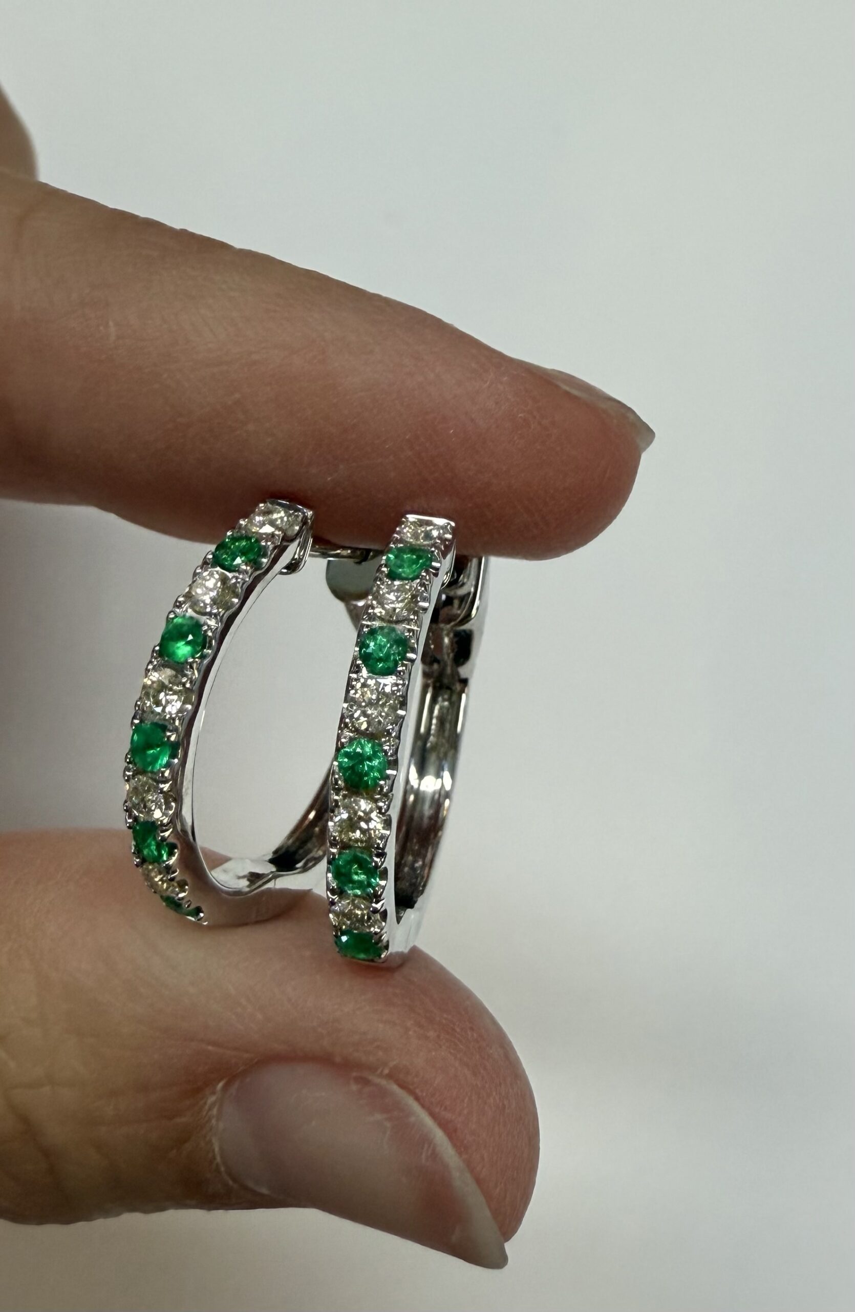 14k White Gold Genuine .35 Cttw Emerald & .25 Cttw Round Brilliant Cut Diamond Hoop Earrings - Image 3
