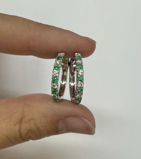14k White Gold Genuine .35 Cttw Emerald & .25 Cttw Round Brilliant Cut Diamond Hoop Earrings