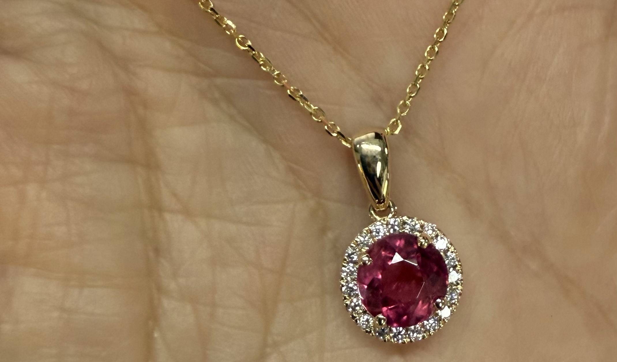14k Yellow Gold Genuine Pink Tourmaline & Diamond Halo Pendant - Image 17