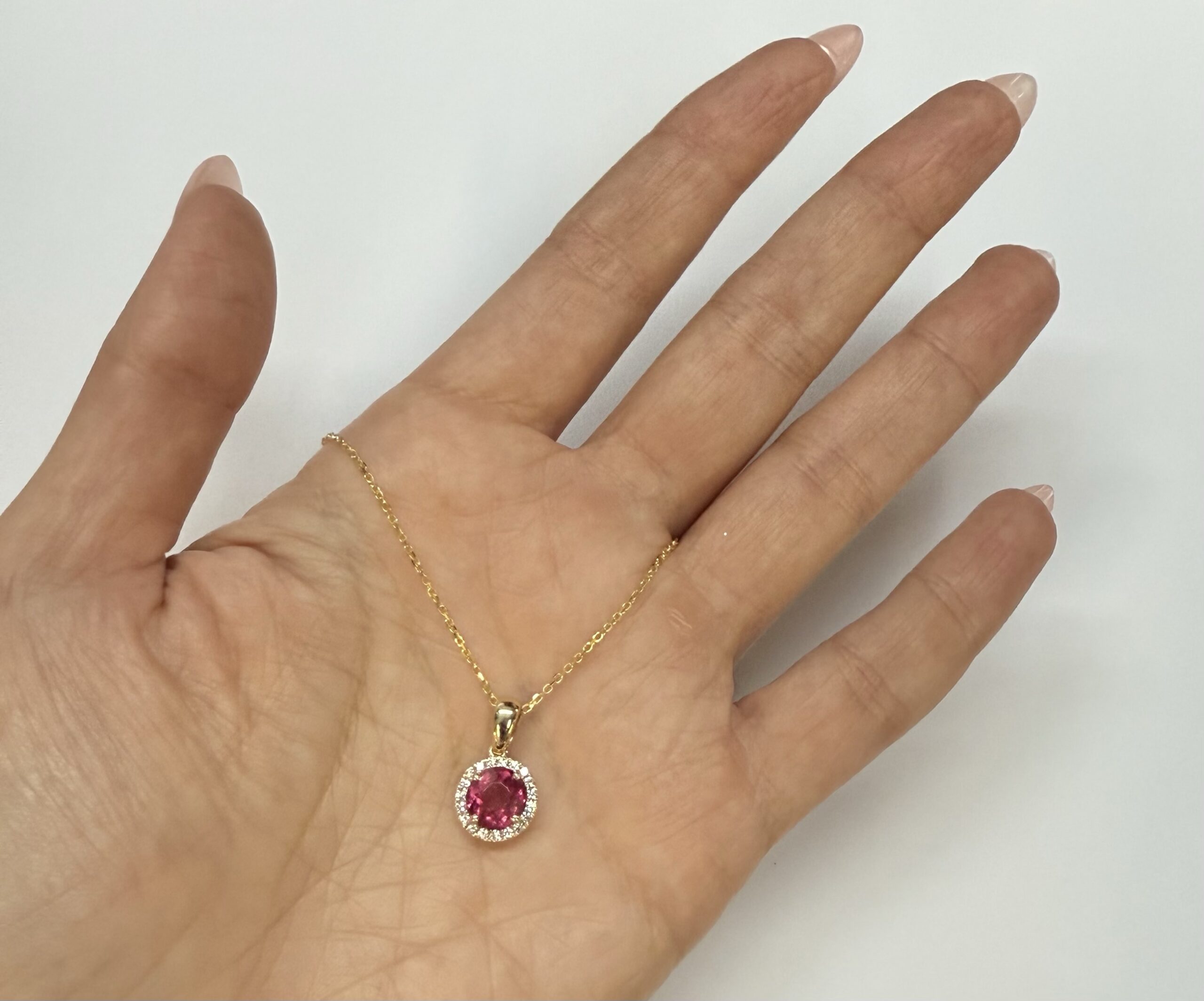 14k Yellow Gold Genuine Pink Tourmaline & Diamond Halo Pendant - Image 19