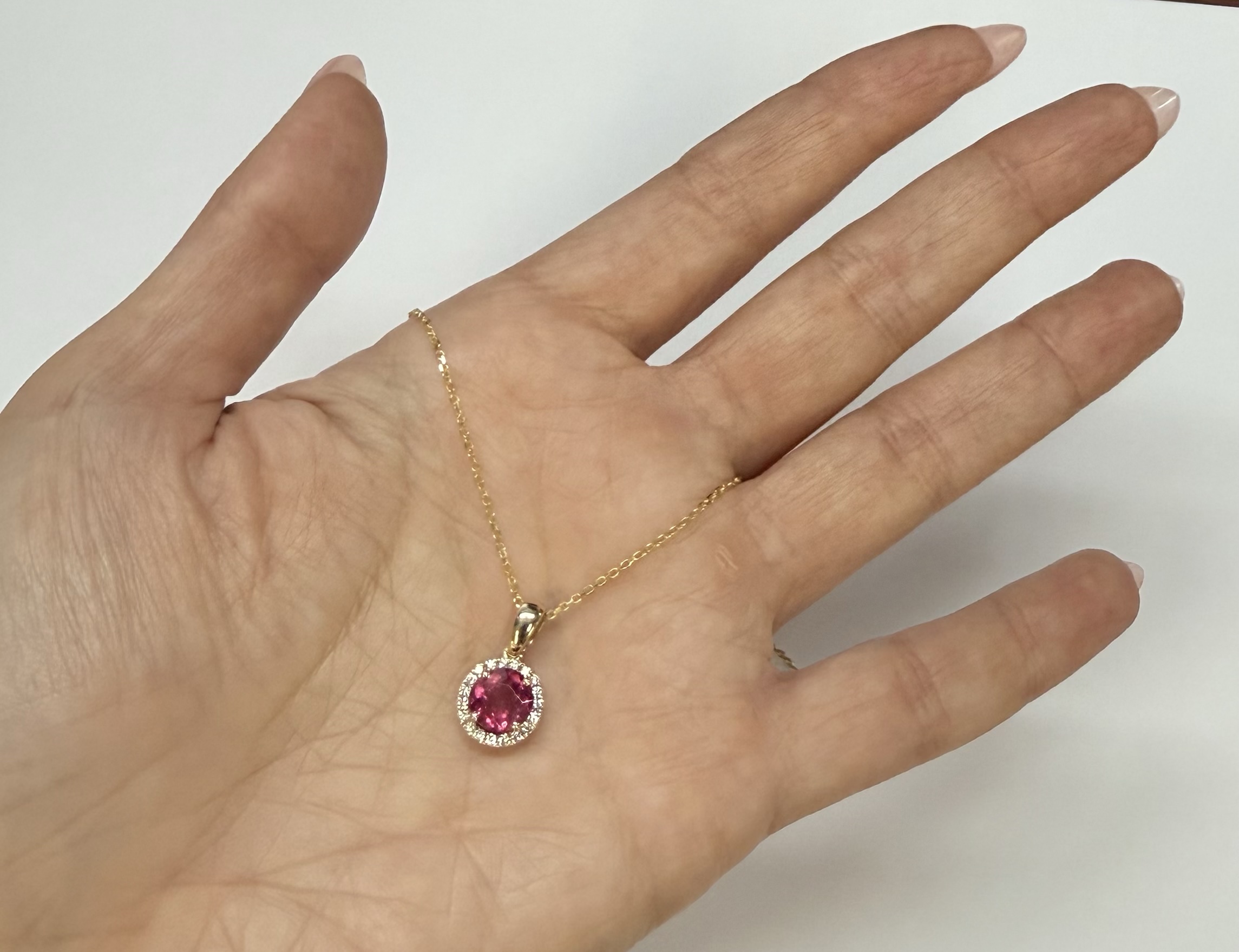 14k Yellow Gold Genuine Pink Tourmaline & Diamond Halo Pendant - Image 21