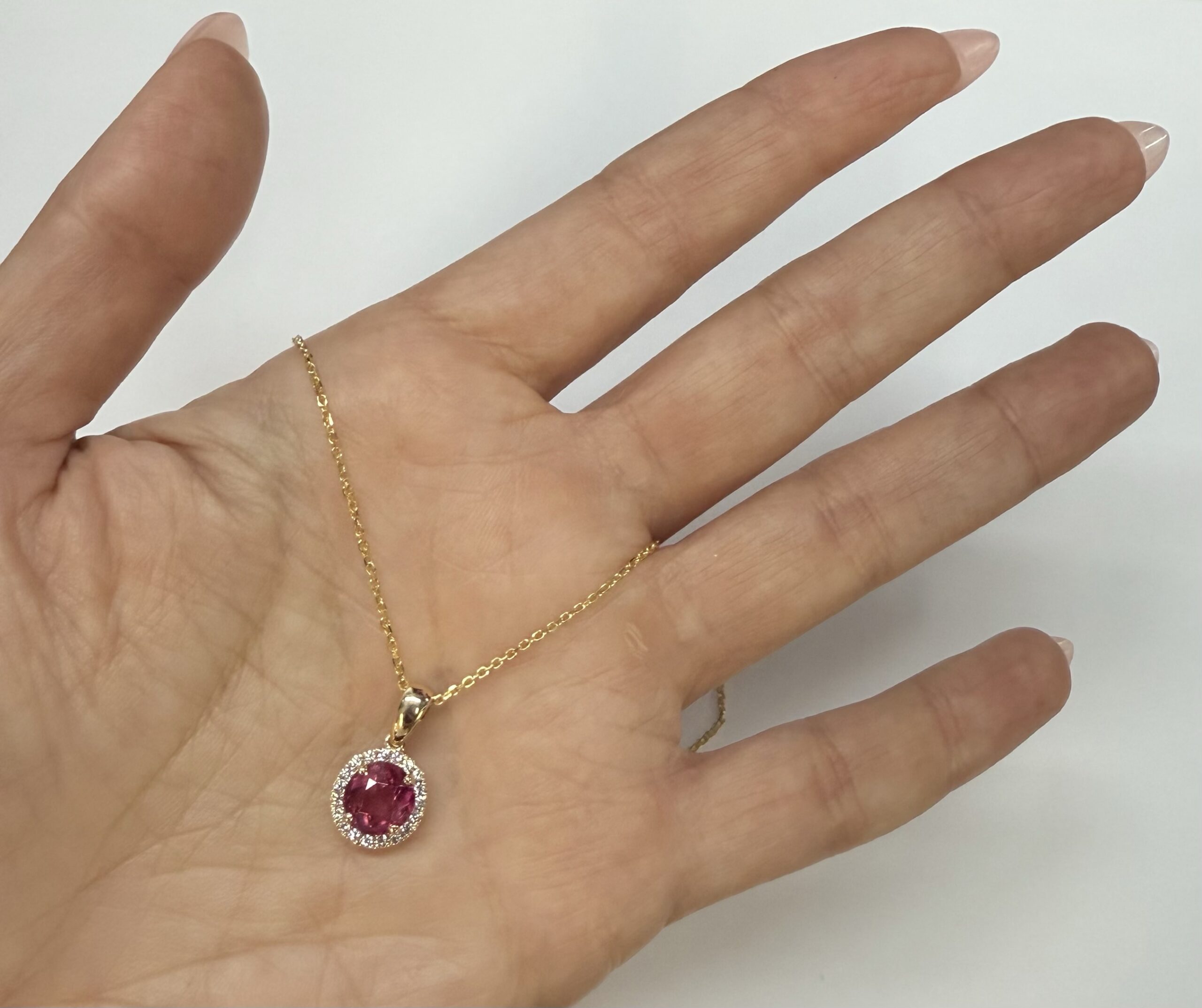 14k Yellow Gold Genuine Pink Tourmaline & Diamond Halo Pendant - Image 23