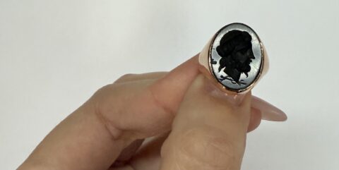 Antique 14k Rose Gold Carved Onyx Jesus Head Signet Ring