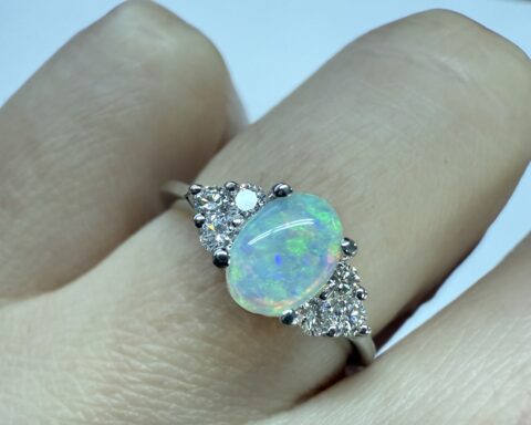14k White Gold Genuine .58 Cttw Opal & Diamond Ring