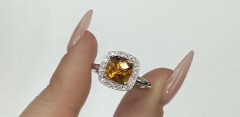 14k White Gold Genuine 1.40 Cttw Cushion Shaped Citrine & Diamond Halo Ring