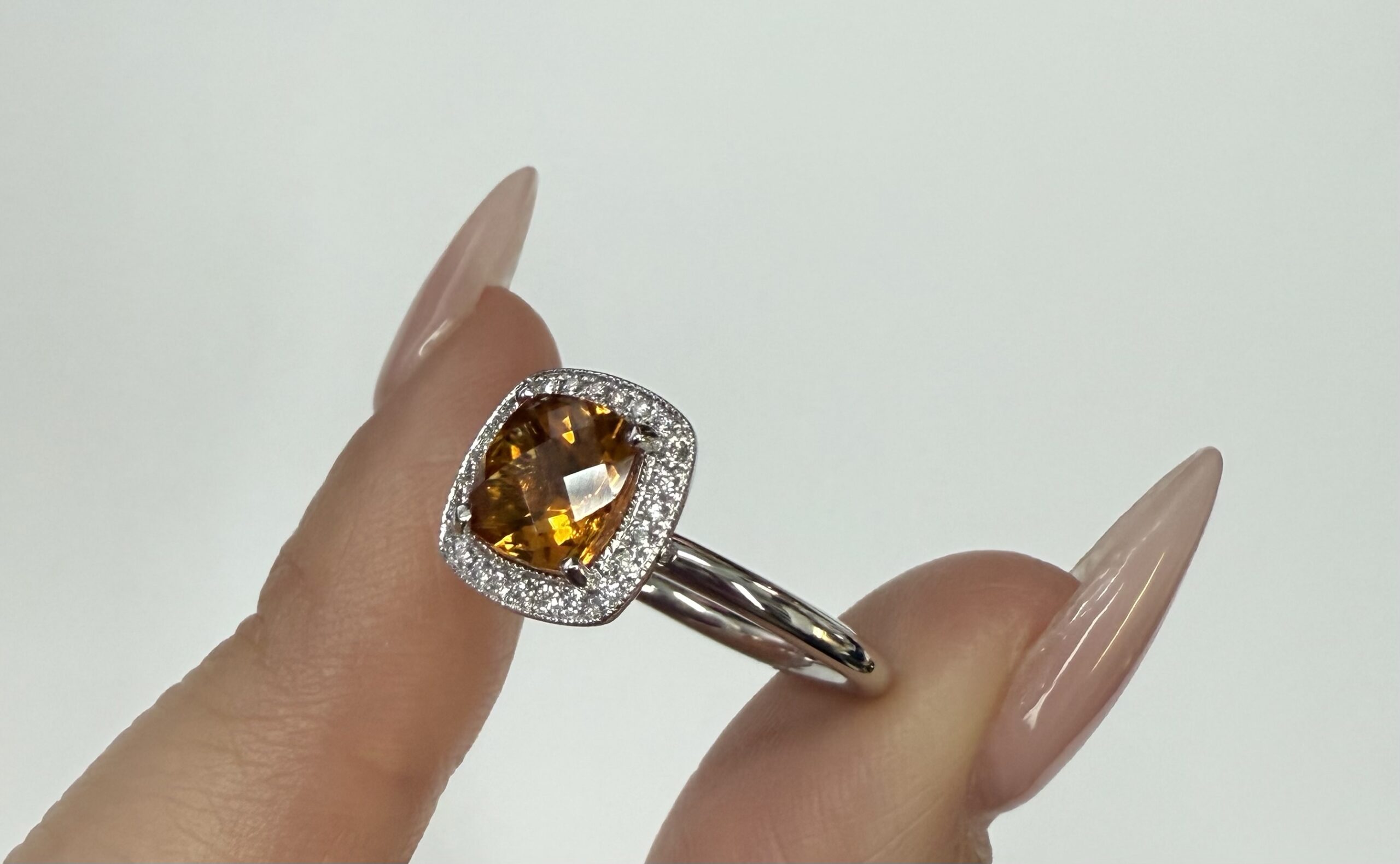14k White Gold Genuine 1.40 Cttw Cushion Shaped Citrine & Diamond Halo Ring - Image 3