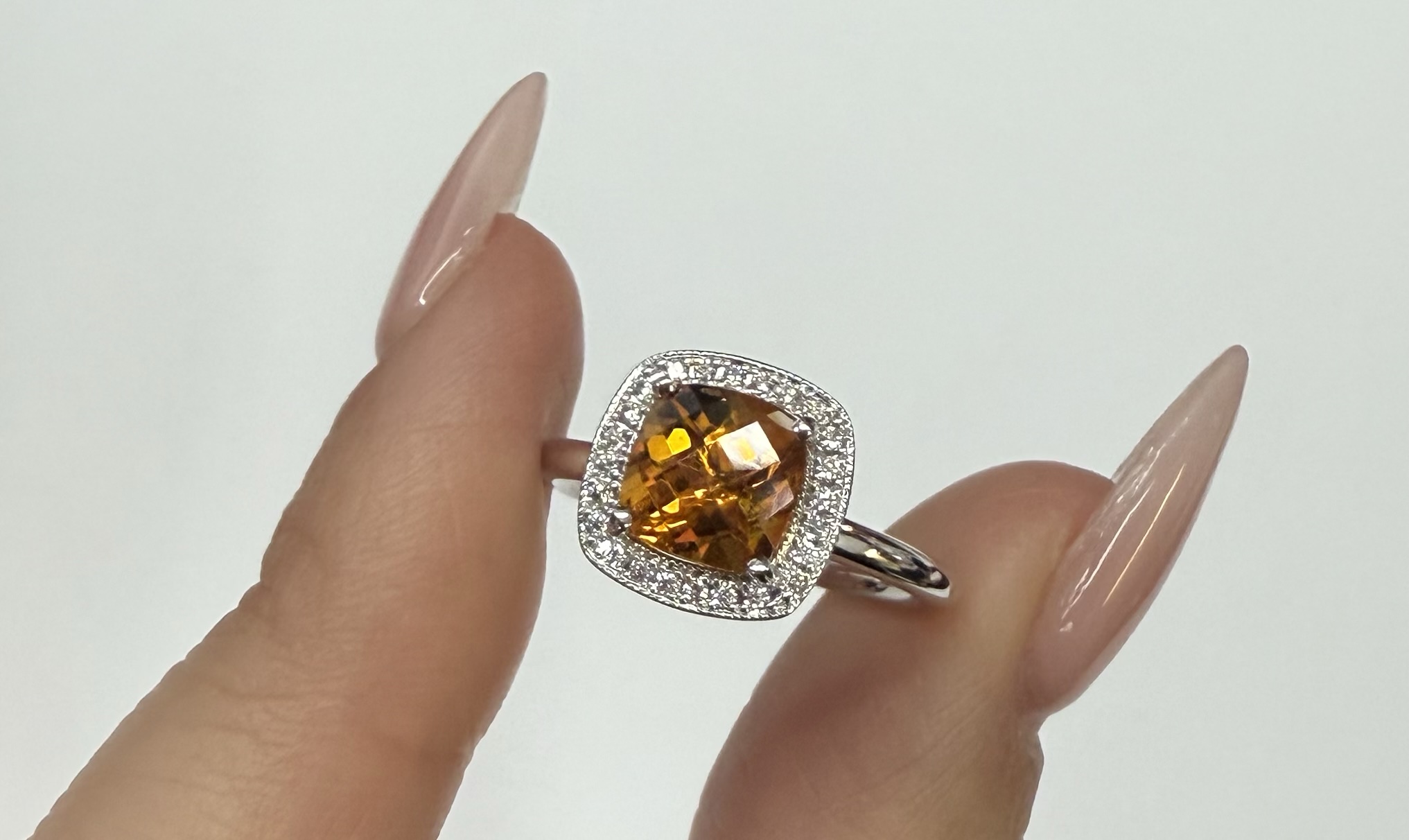 14k White Gold Genuine 1.40 Cttw Cushion Shaped Citrine & Diamond Halo Ring - Image 6