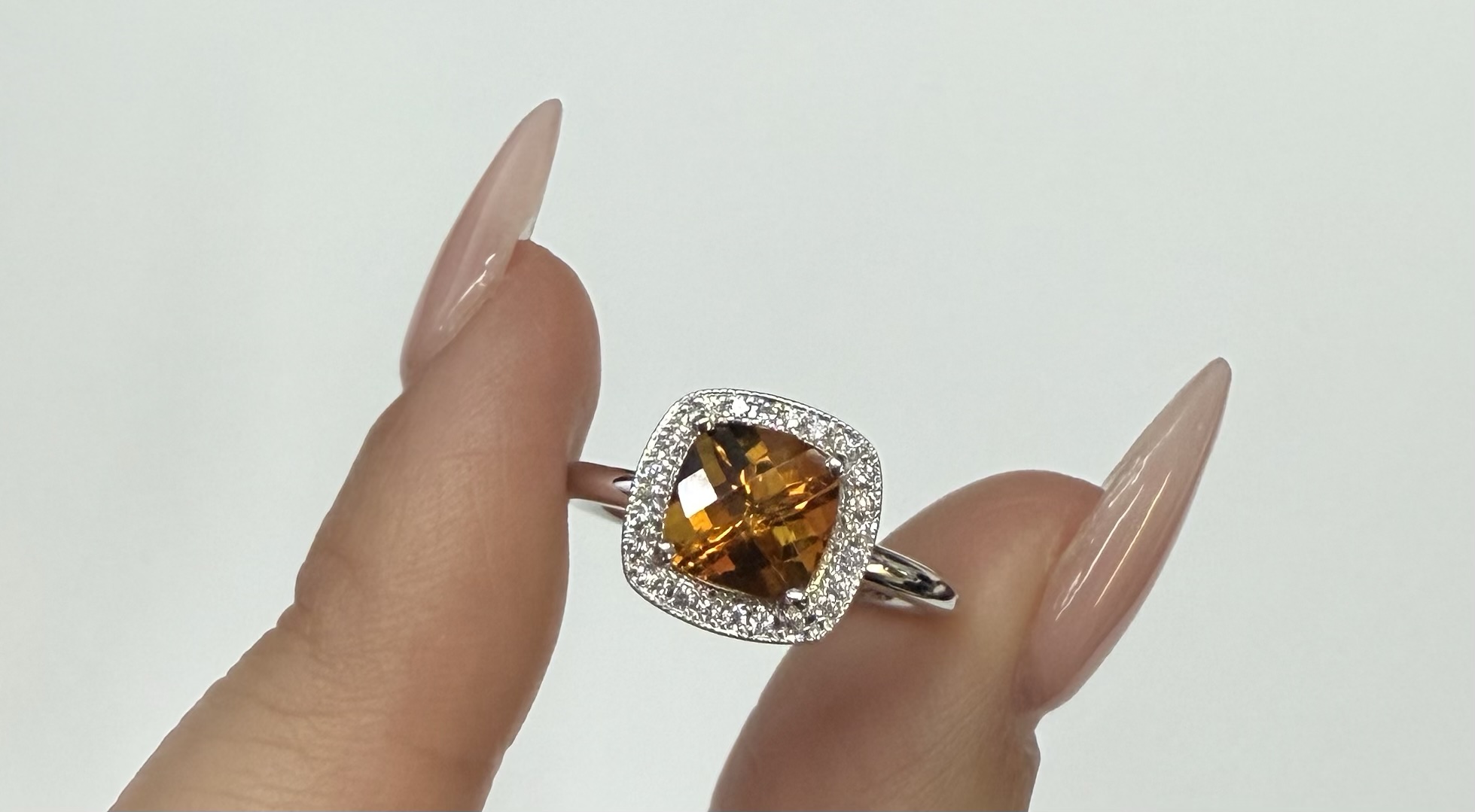 14k White Gold Genuine 1.40 Cttw Cushion Shaped Citrine & Diamond Halo Ring - Image 7