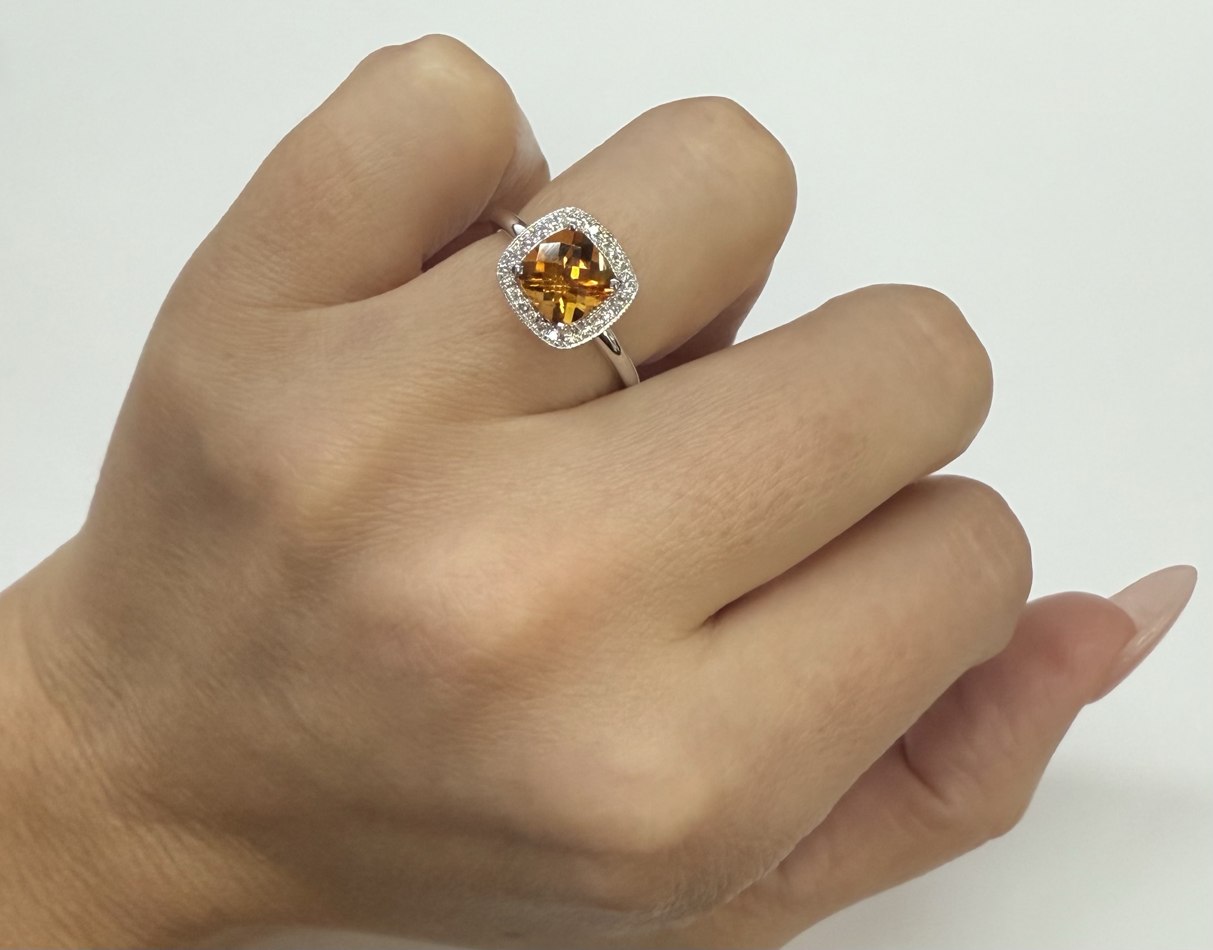 14k White Gold Genuine 1.40 Cttw Cushion Shaped Citrine & Diamond Halo Ring - Image 15