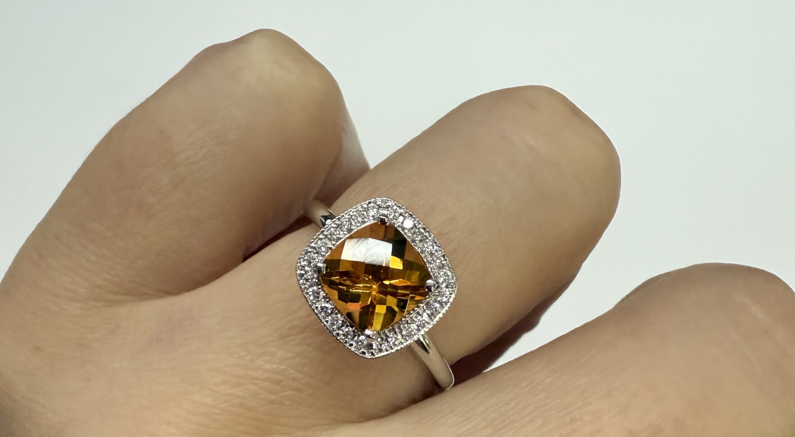 14k White Gold Genuine 1.40 Cttw Cushion Shaped Citrine & Diamond Halo Ring - Image 16