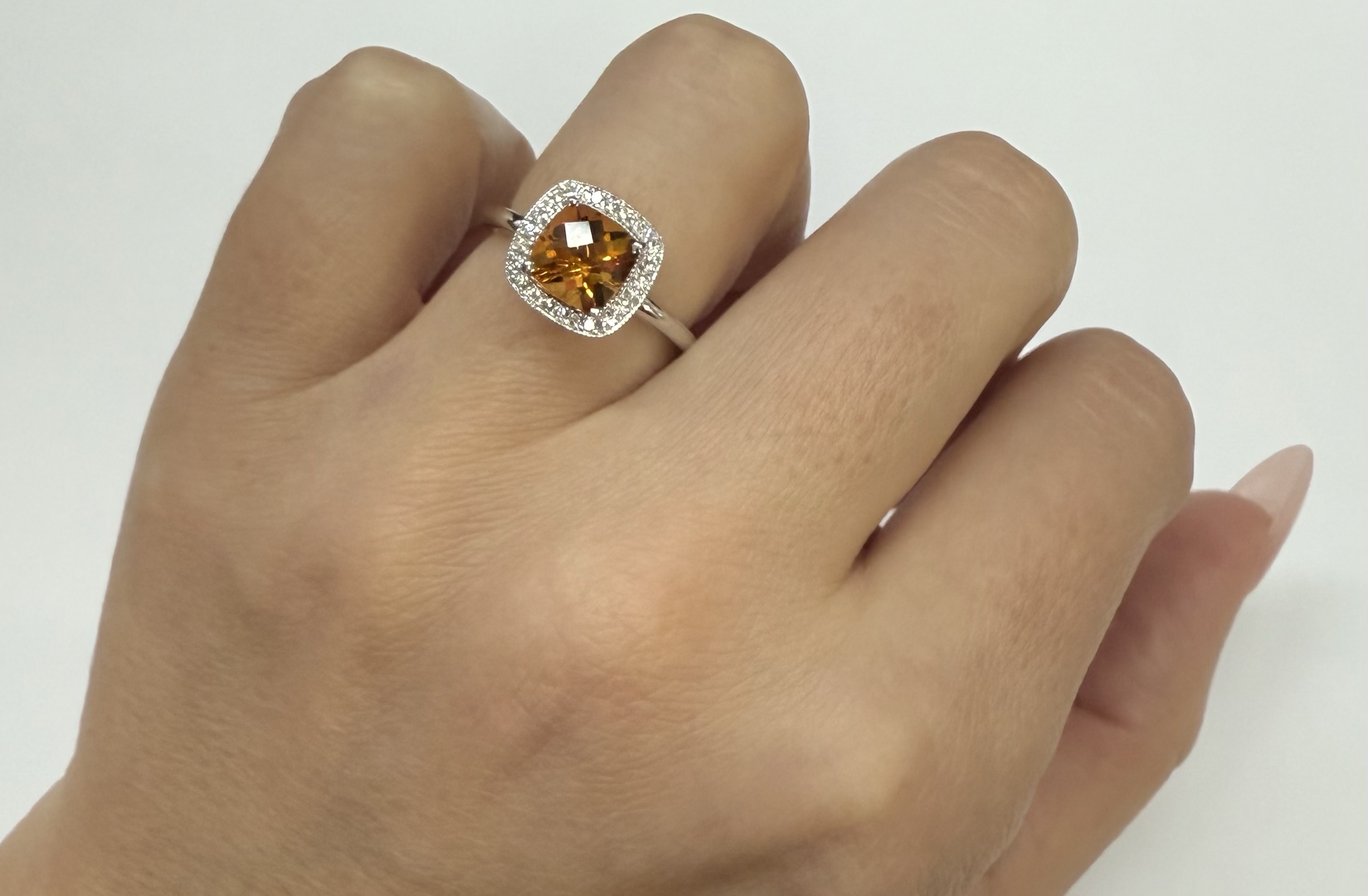 14k White Gold Genuine 1.40 Cttw Cushion Shaped Citrine & Diamond Halo Ring - Image 18