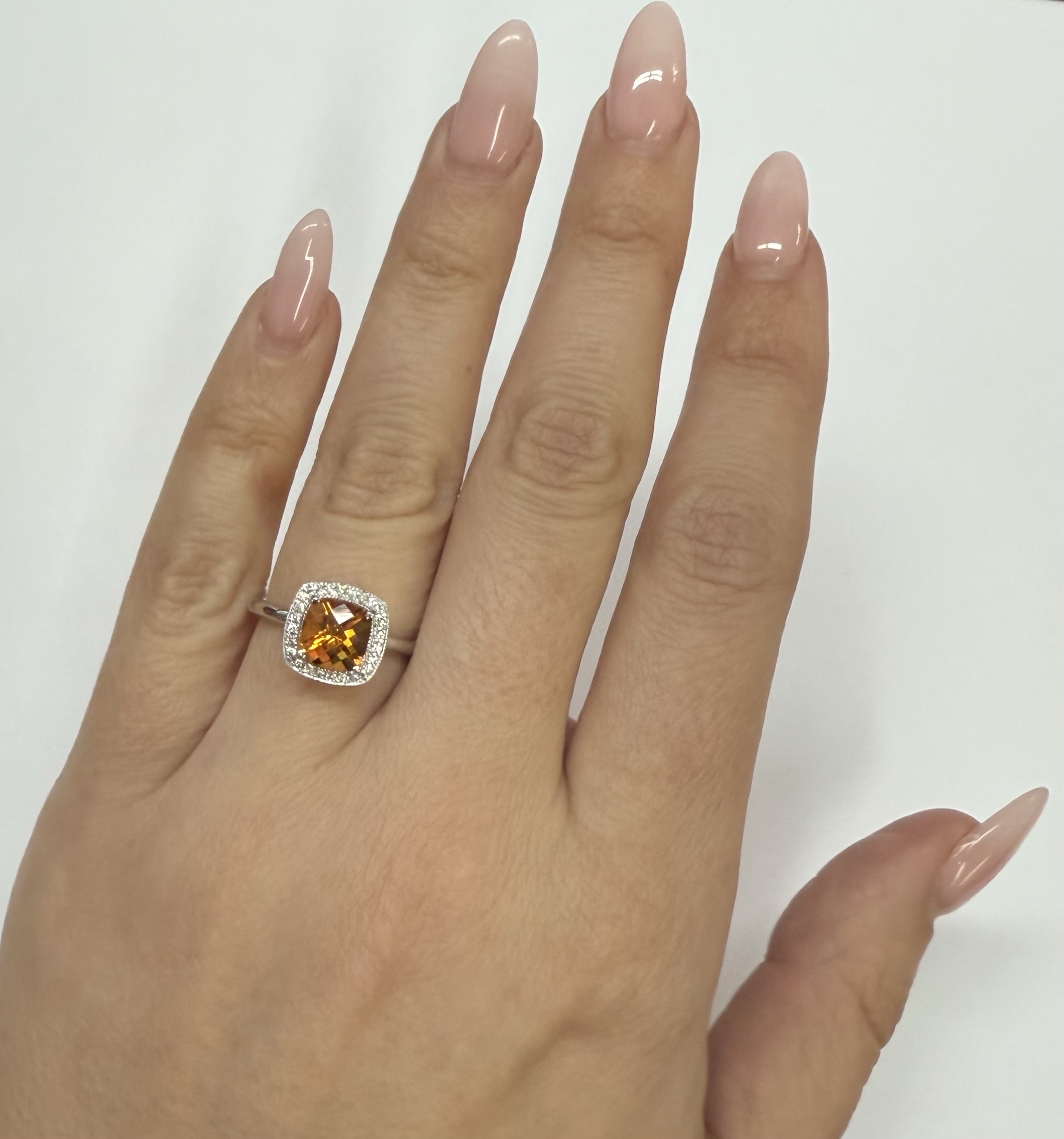 14k White Gold Genuine 1.40 Cttw Cushion Shaped Citrine & Diamond Halo Ring - Image 17